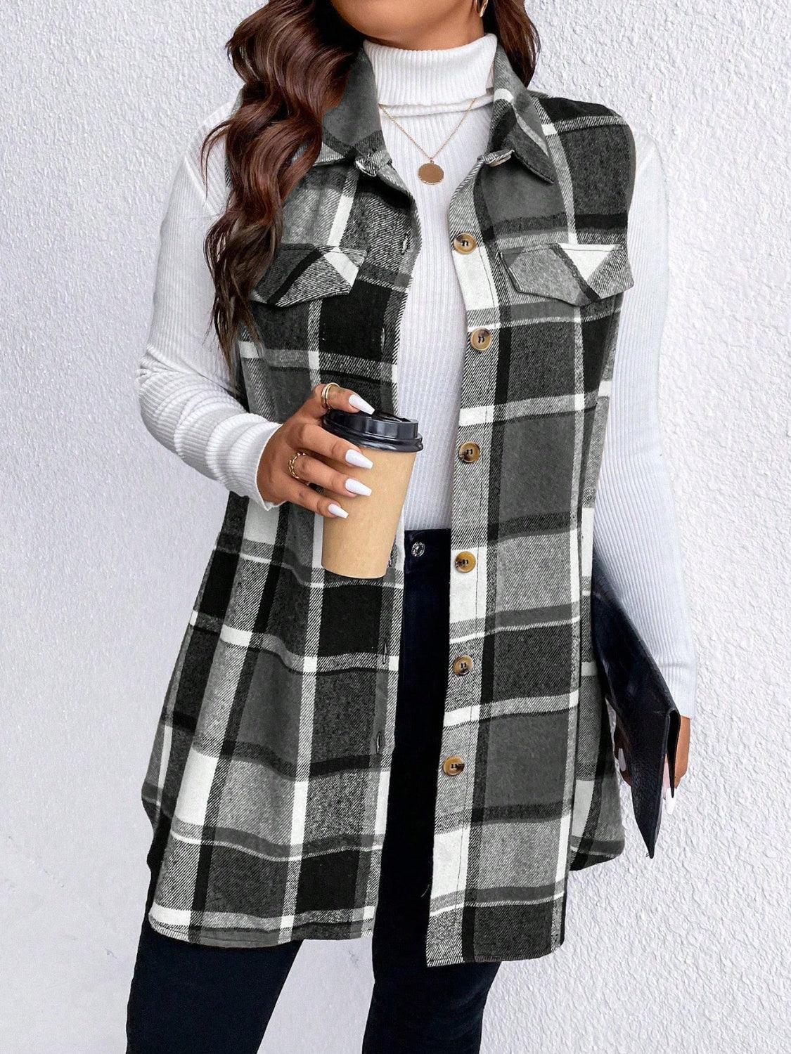 Zephariel Plus Size Pocketed Plaid Button Up Vest Coat