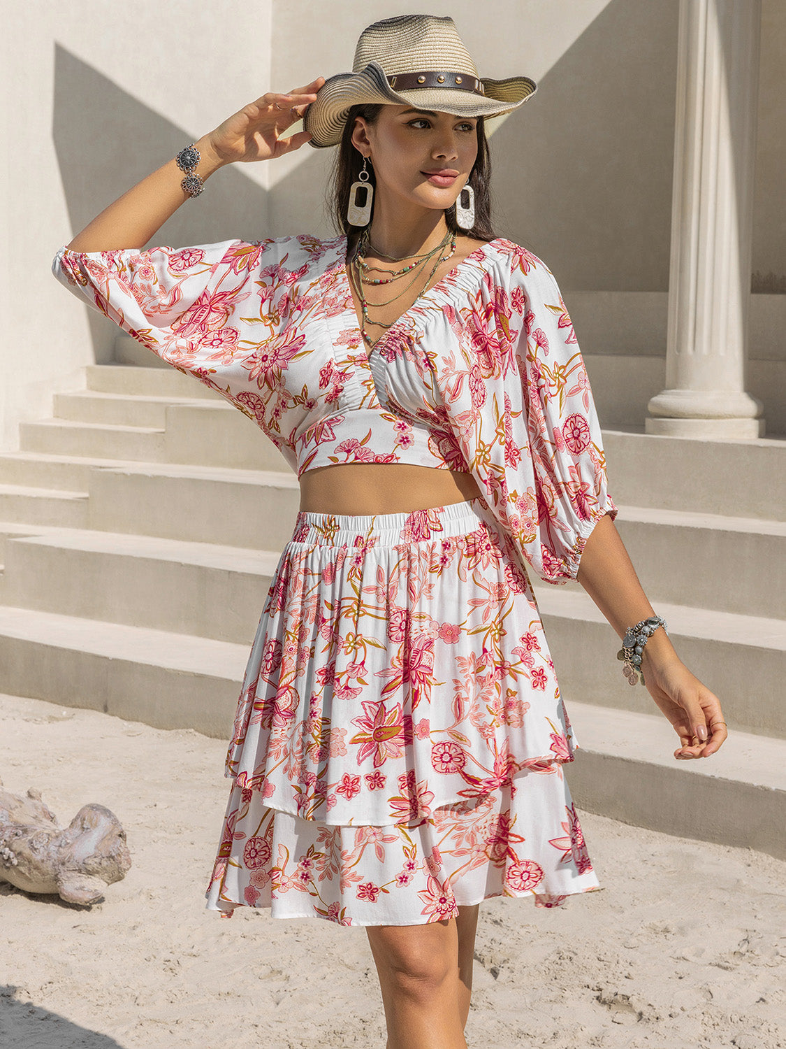 Zephariel Printed Half Sleeve Top and Layered Skirt Set