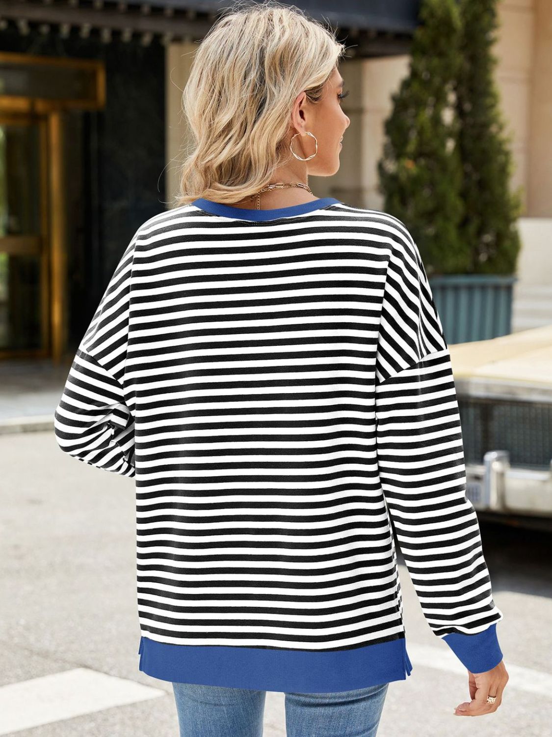 Zephariel Slit Striped Round Neck Long Sleeve Sweatshirt