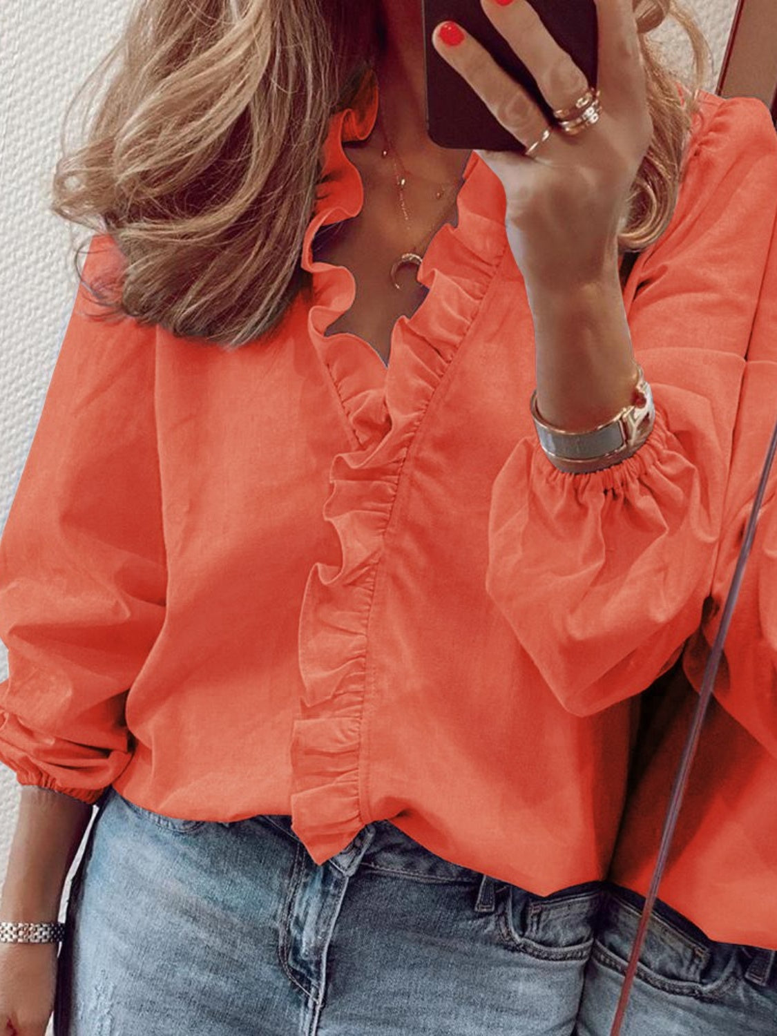 Zephariel Ruffled V-Neck Long Sleeve Blouse