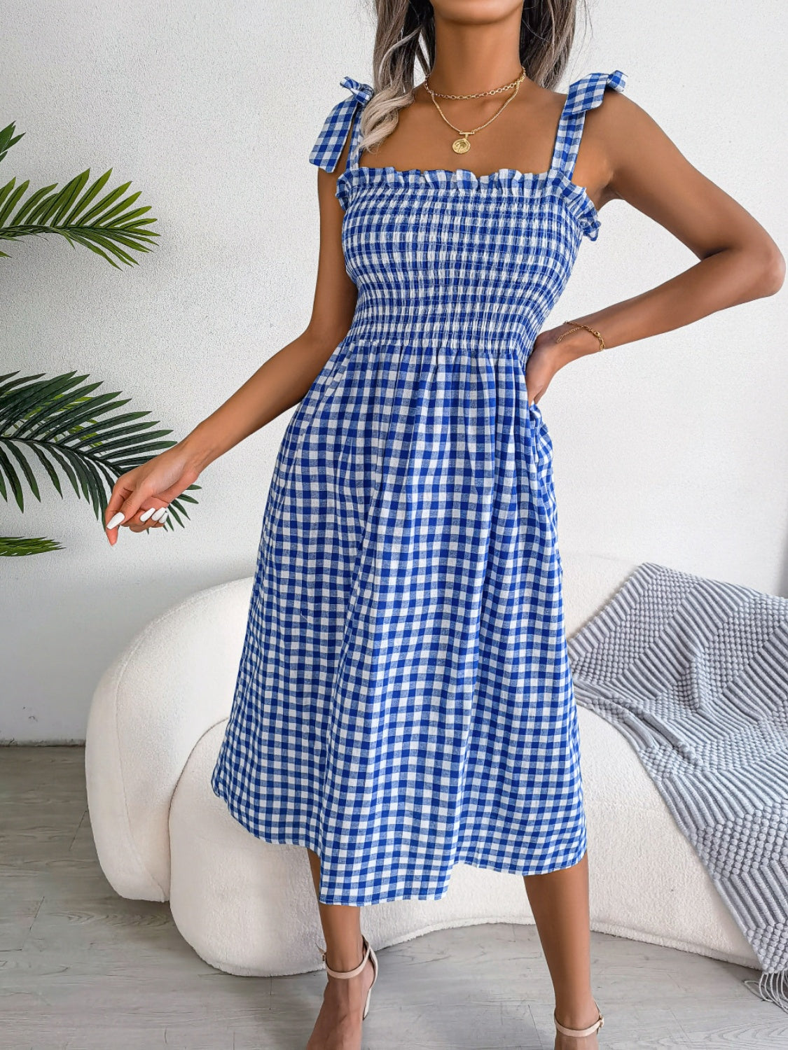 Zephariel Frill Plaid Square Neck Midi Dress