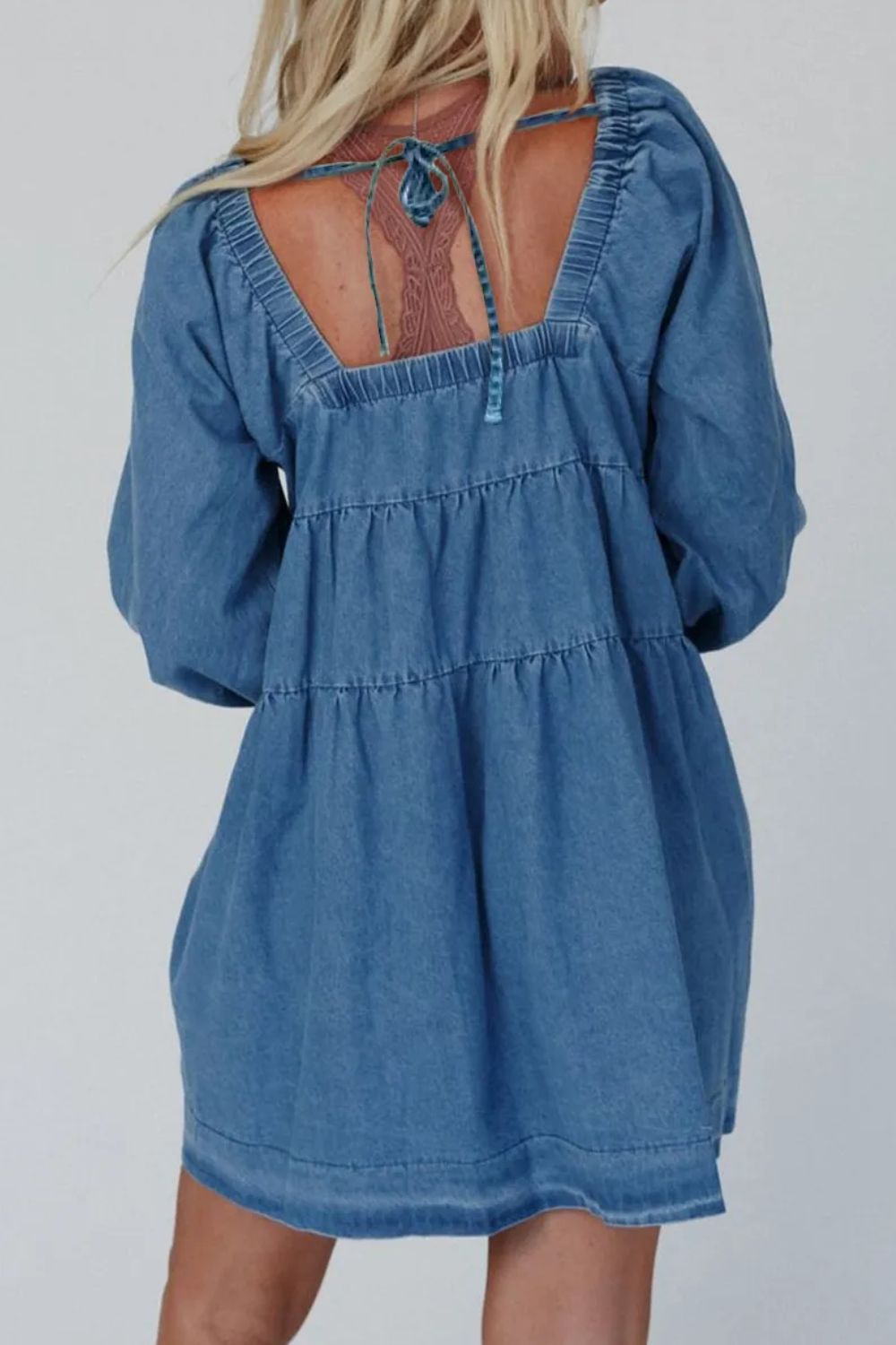 Zephariel Tied Square Neck Long Sleeve Denim Dress with Pockets