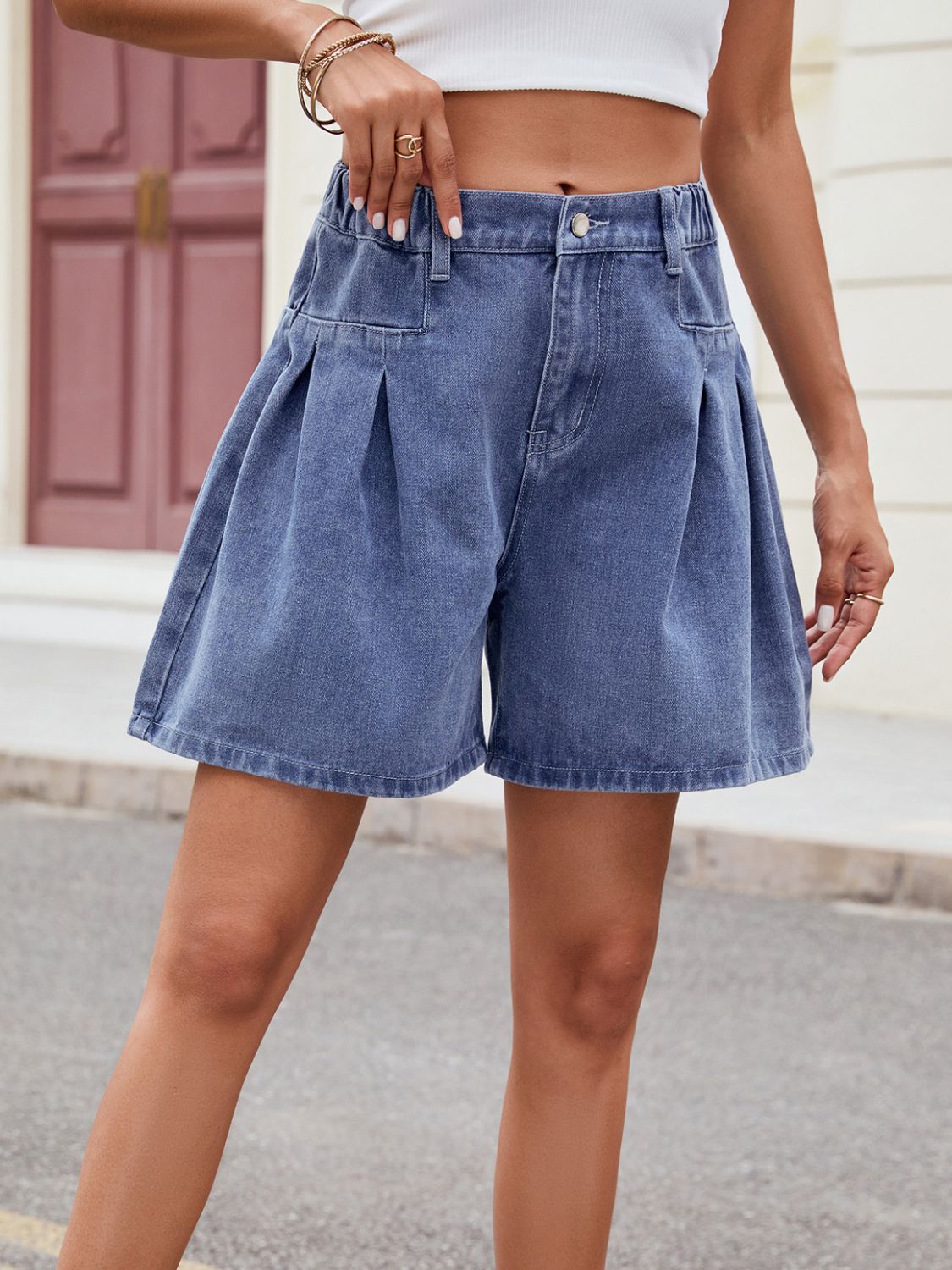 Zephariel Ruched Half Elastic Waist Denim Shorts