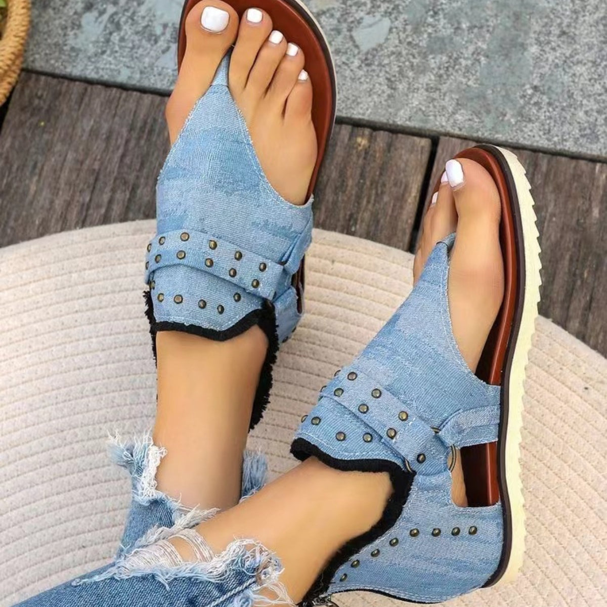 Zephariel Studded Raw Hem Flat Sandals