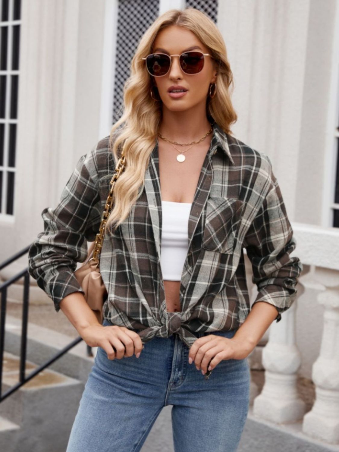 Zephariel Mandy Pocketed Plaid Collared Neck Long Sleeve Shirt