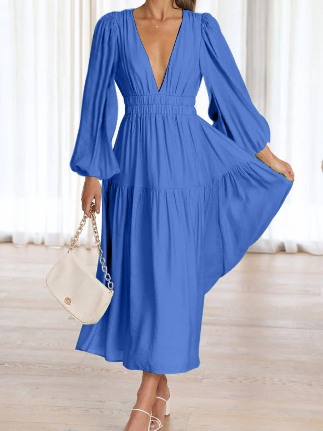 Zephariel Deep V-Neck Balloon Sleeve Plain Maxi Dress