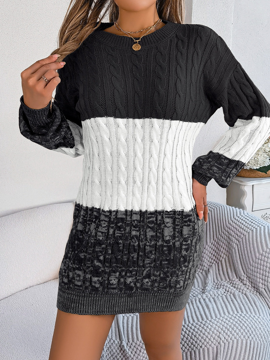 Zephariel Cable-Knit Round Neck Color Block Sweater Dress