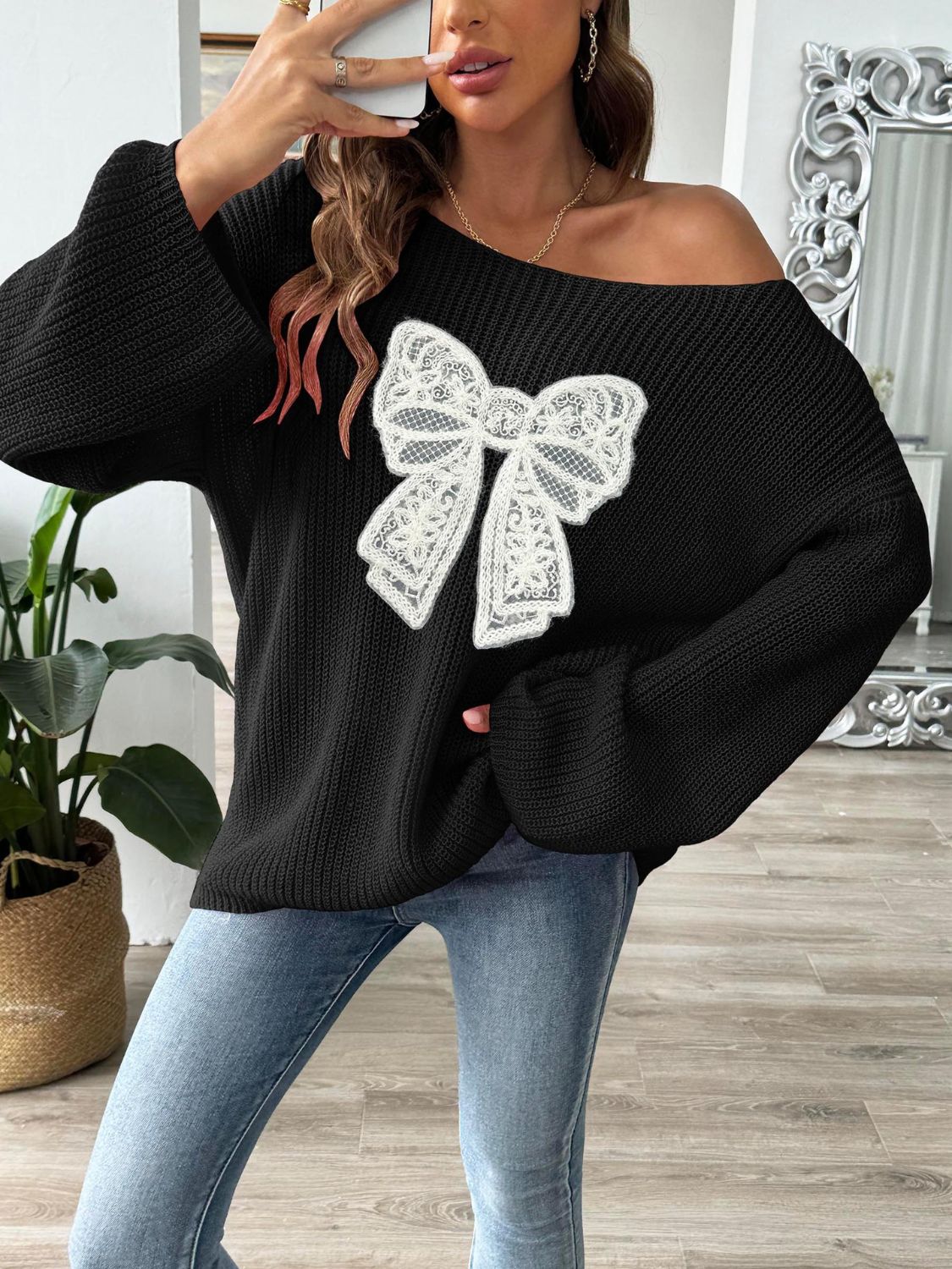 Zephariel Bow Boat Neck Long Sleeve Sweater