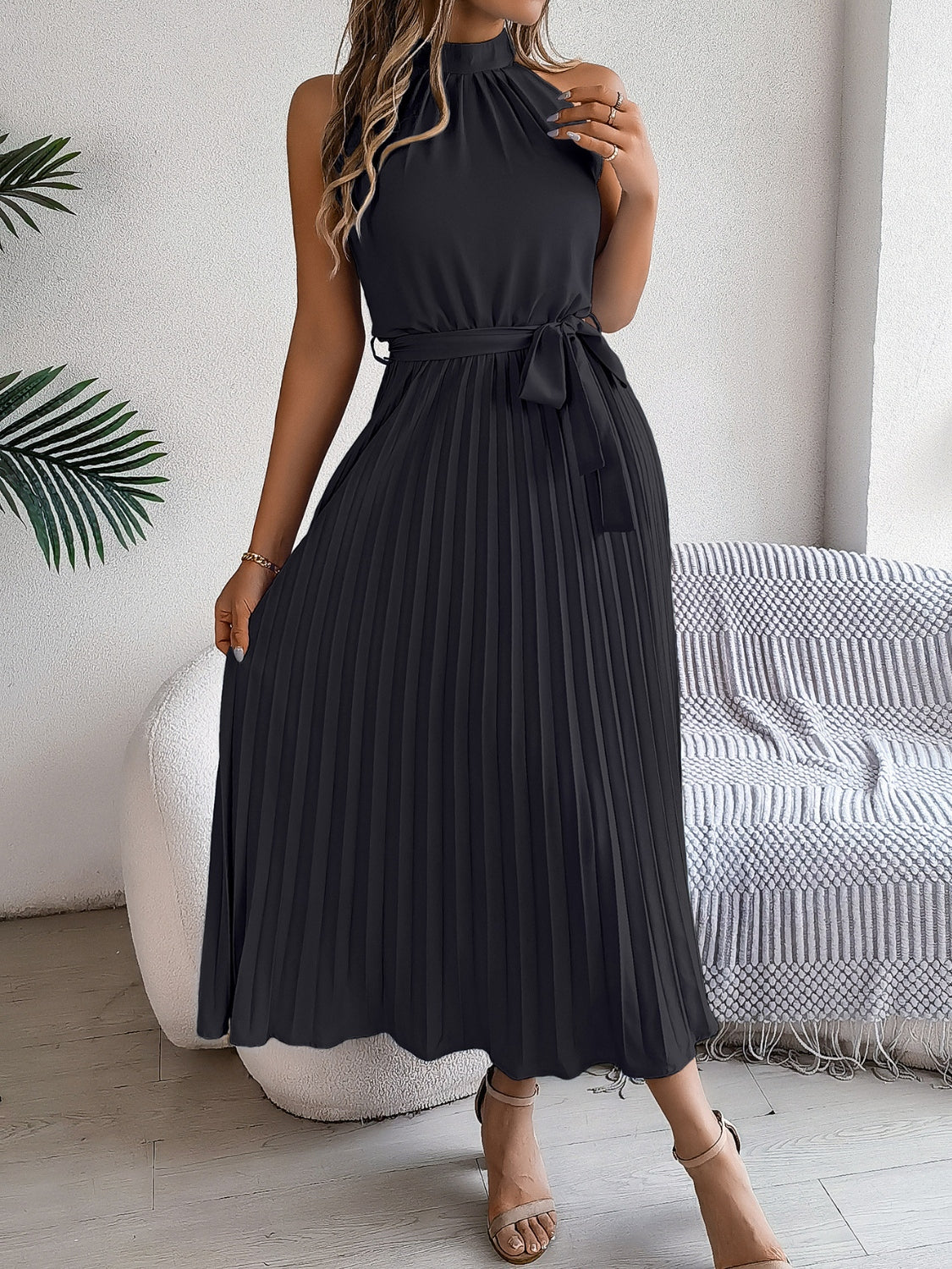 Zephariel Pleated Tie Waist Sleeveless Midi Dress