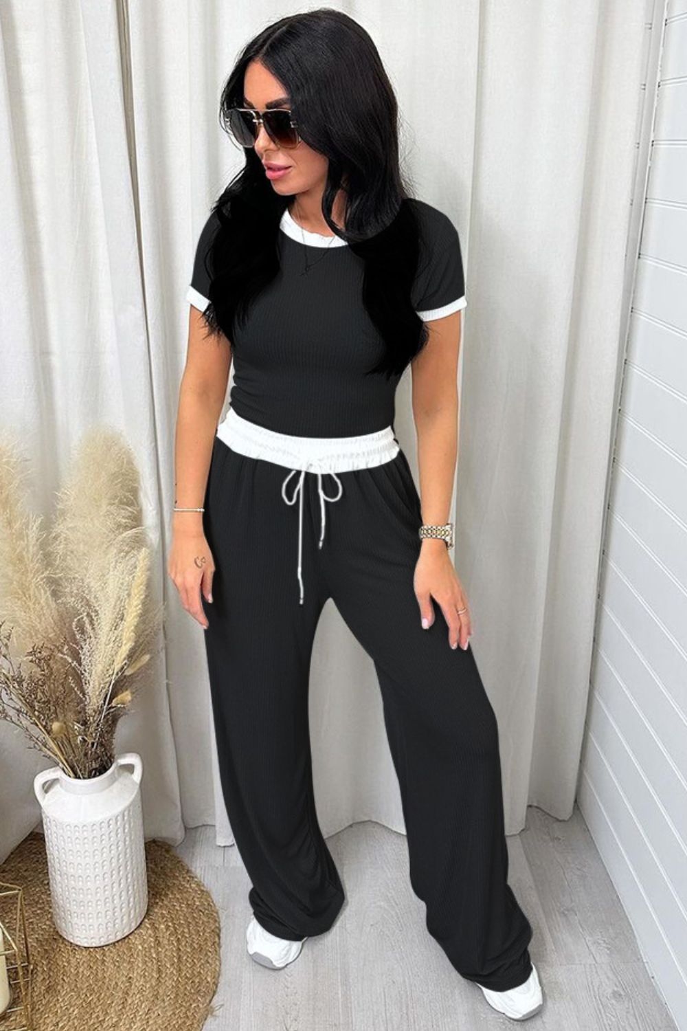 Zephariel Contrast Trim Round Neck Top and Pants Set