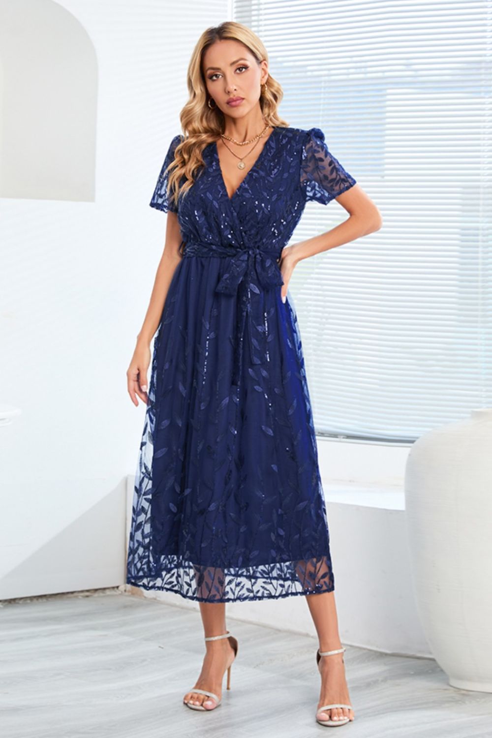 Zephariel Sequin Leaf Embroidery Tie Front Short Sleeve Dress