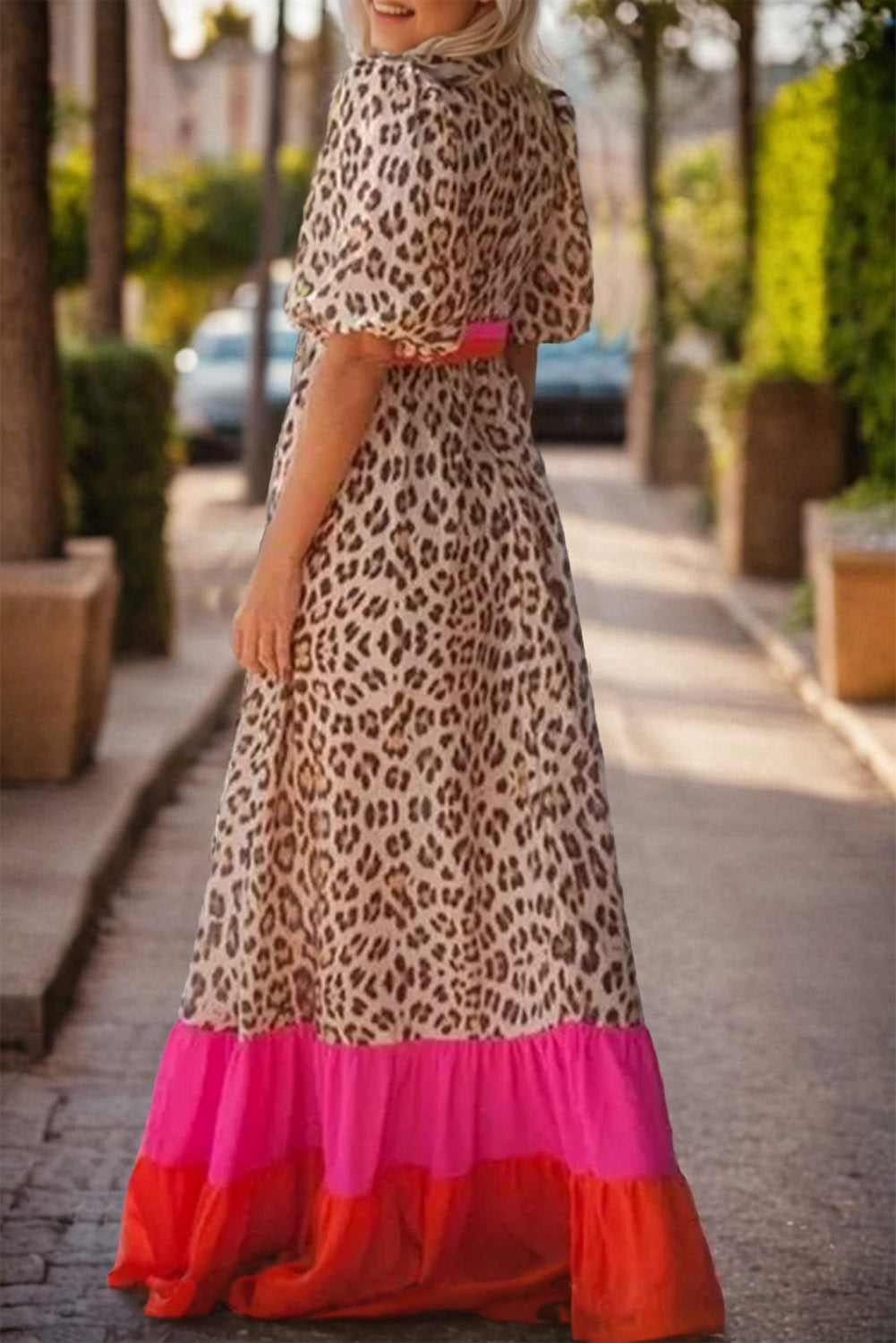 Zephariel Leopard V-Neck Half Sleeve Maxi Dress