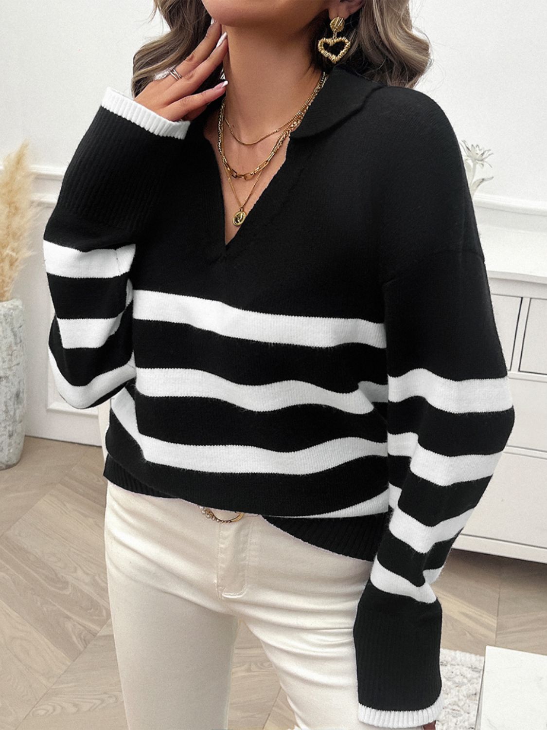 Zephariel Striped Collared Neck Long Sleeve Sweater