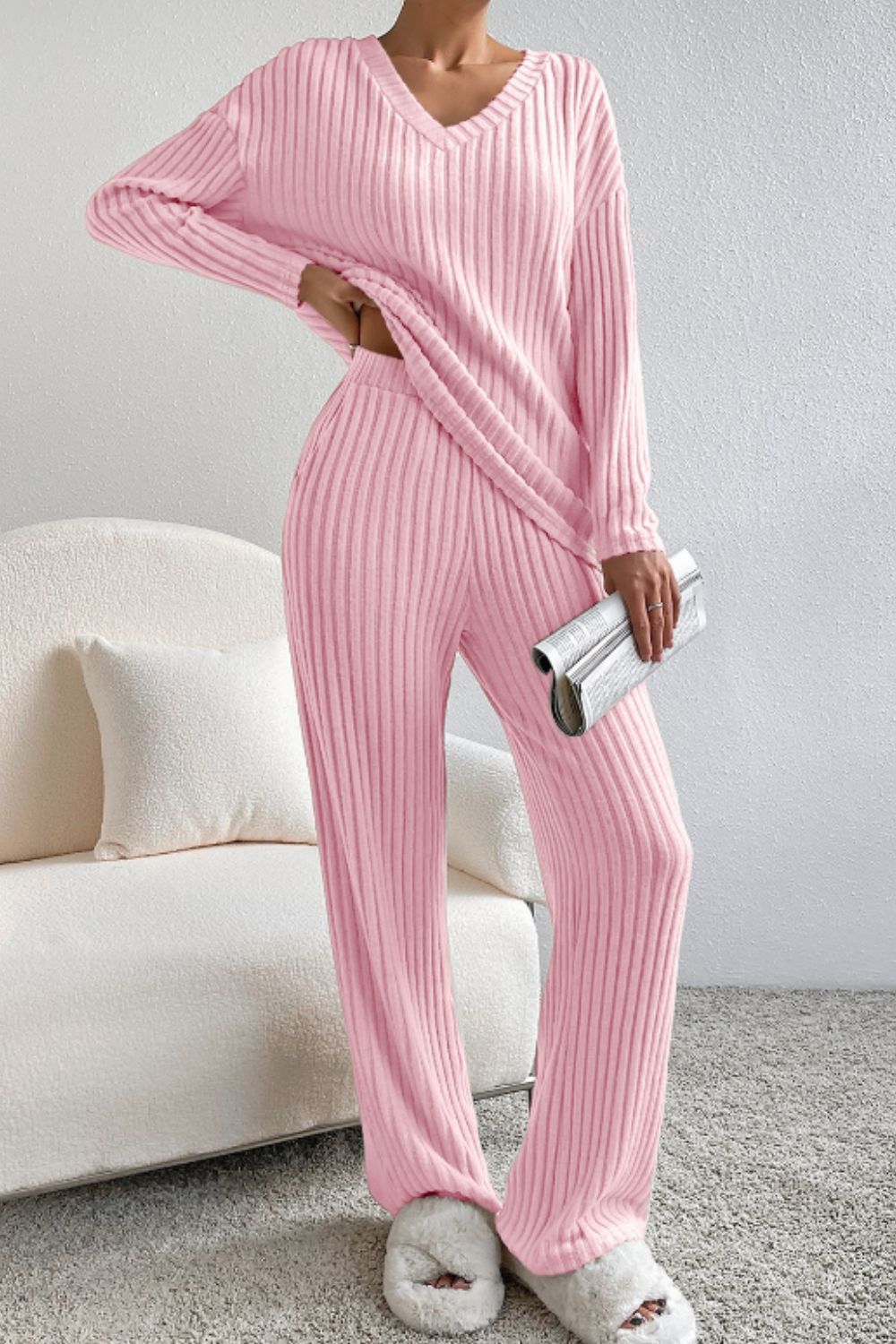 Zephariel Ribbed V-Neck Top and Pants Lounge Set