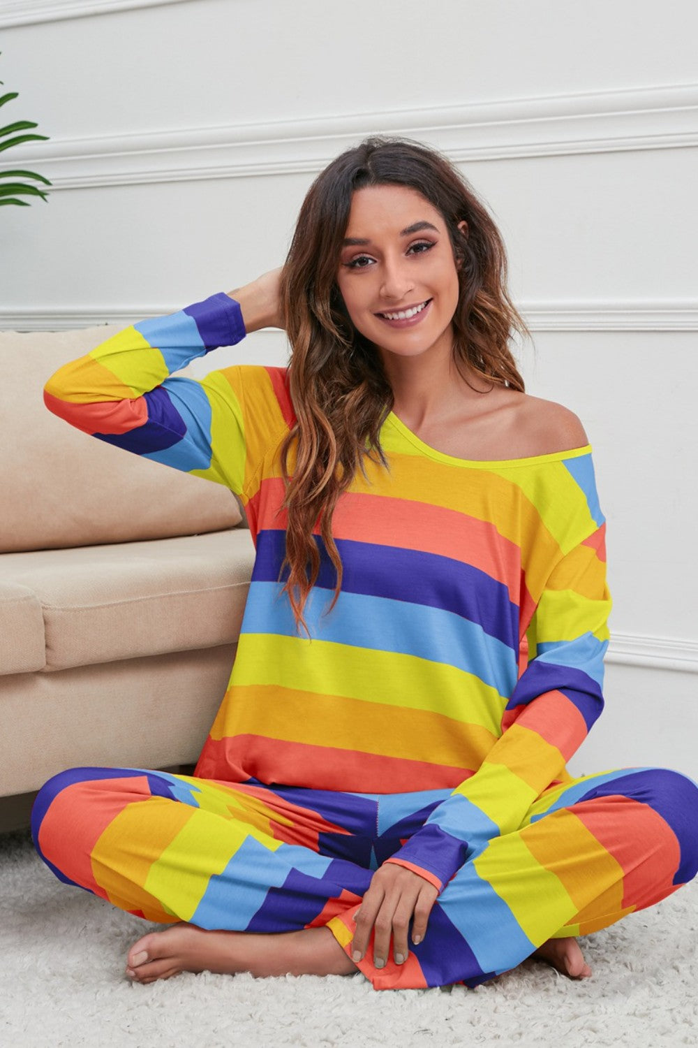 Zephariel Striped Round Neck Long Sleeve Top and Drawstring Pants Lounge Set