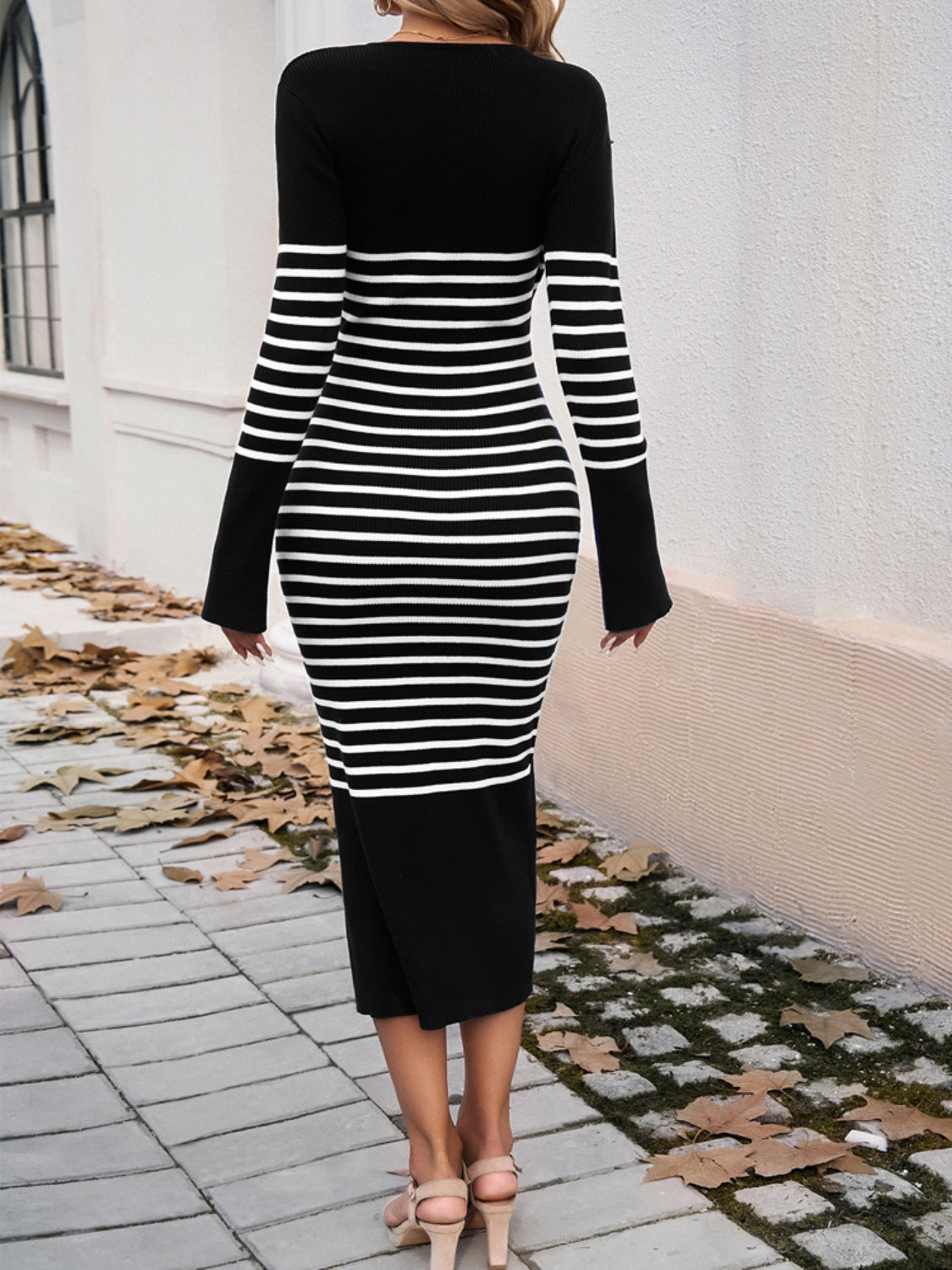 Zephariel Striped V-Neck Long Sleeve Sweater Dress