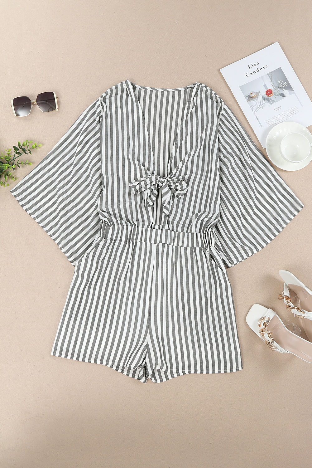 Zephariel Tied Striped Three-Quarter Sleeve Romper