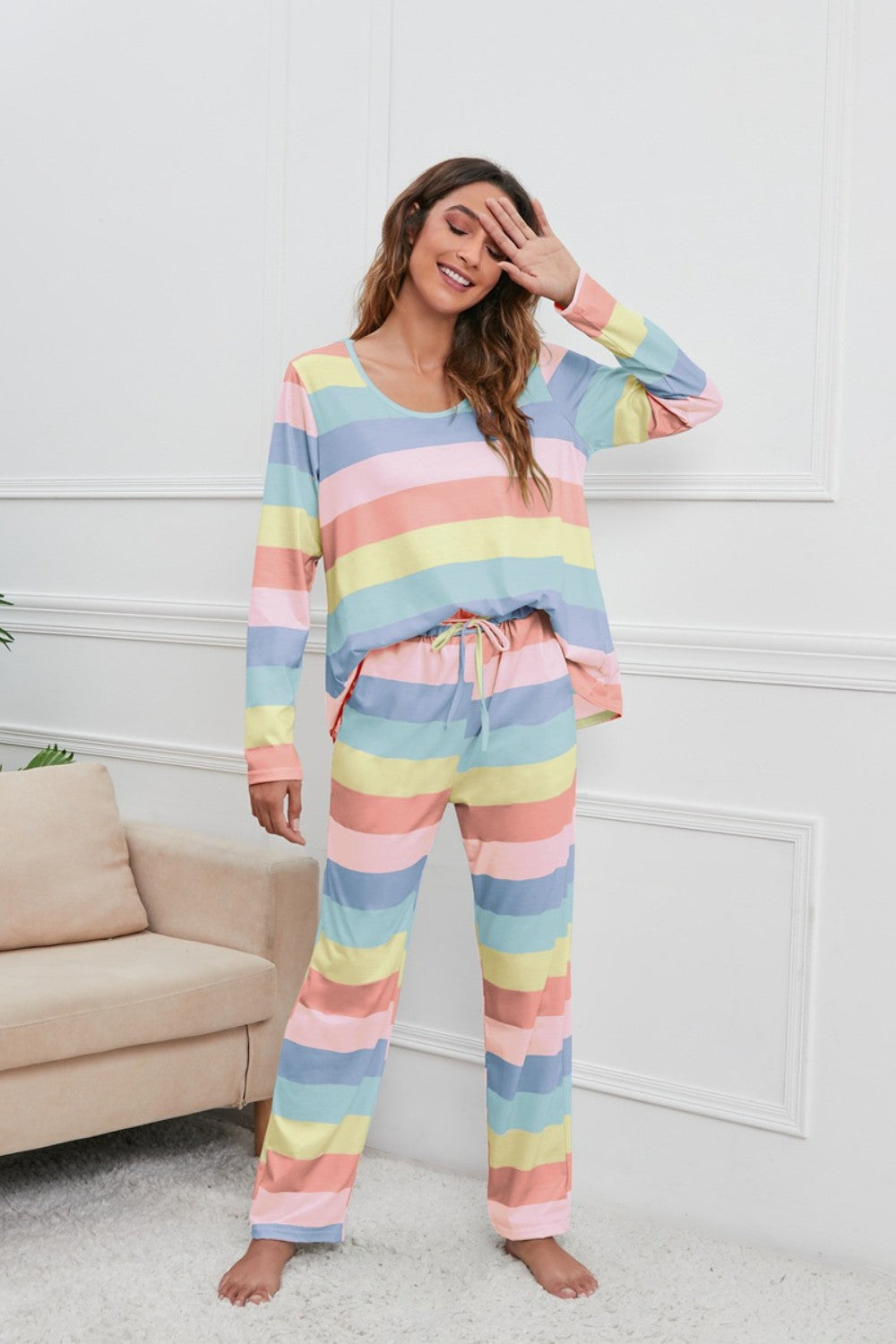 Zephariel Striped Round Neck Long Sleeve Top and Drawstring Pants Lounge Set