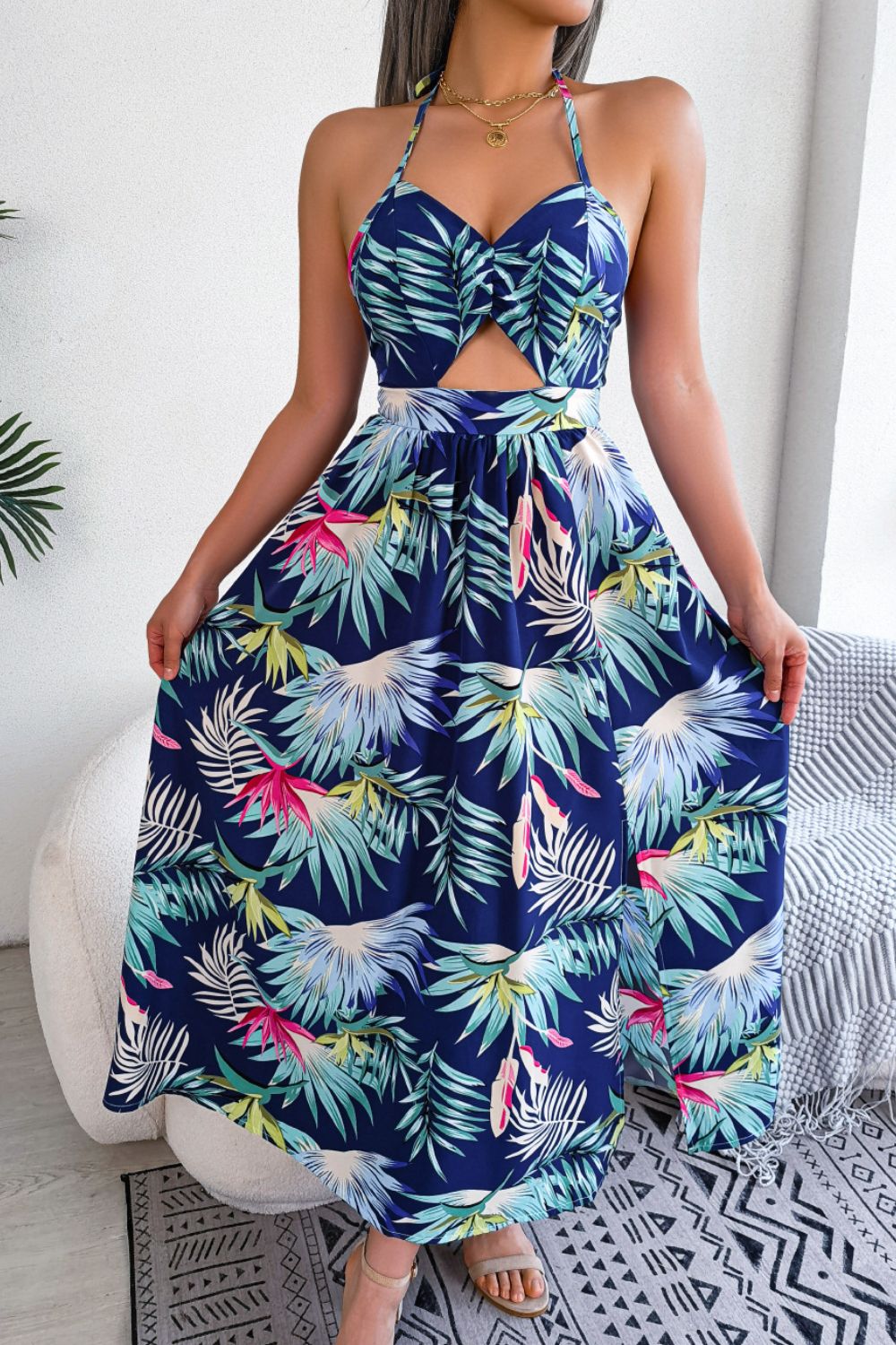 Zephariel Botanical Print Tied Backless Cutout Slit Dress