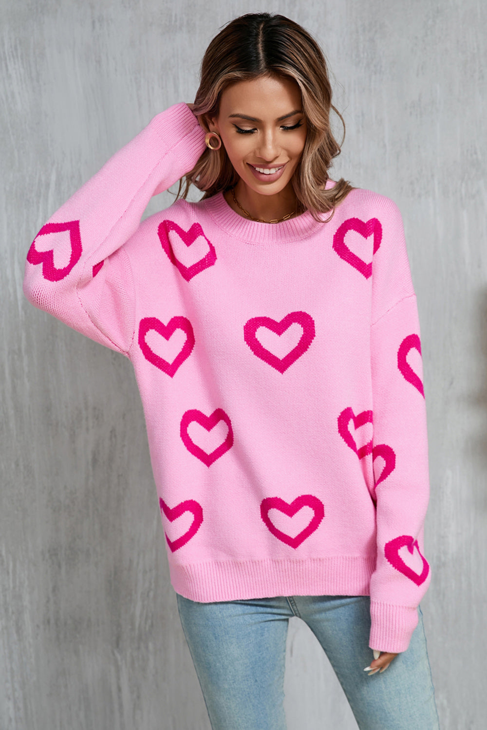 Zephariel Heart Round Neck Dropped Shoulder Long Sleeve Sweater