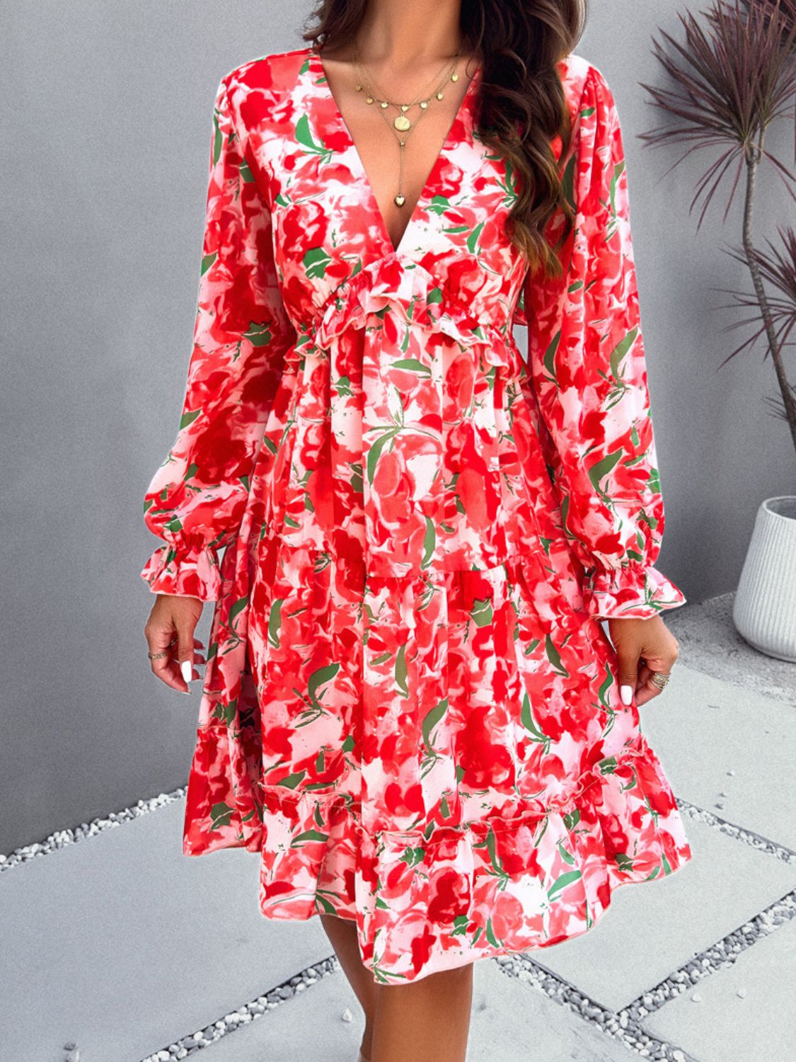 Zephariel Backless Printed V-Neck Flounce Sleeve Dress