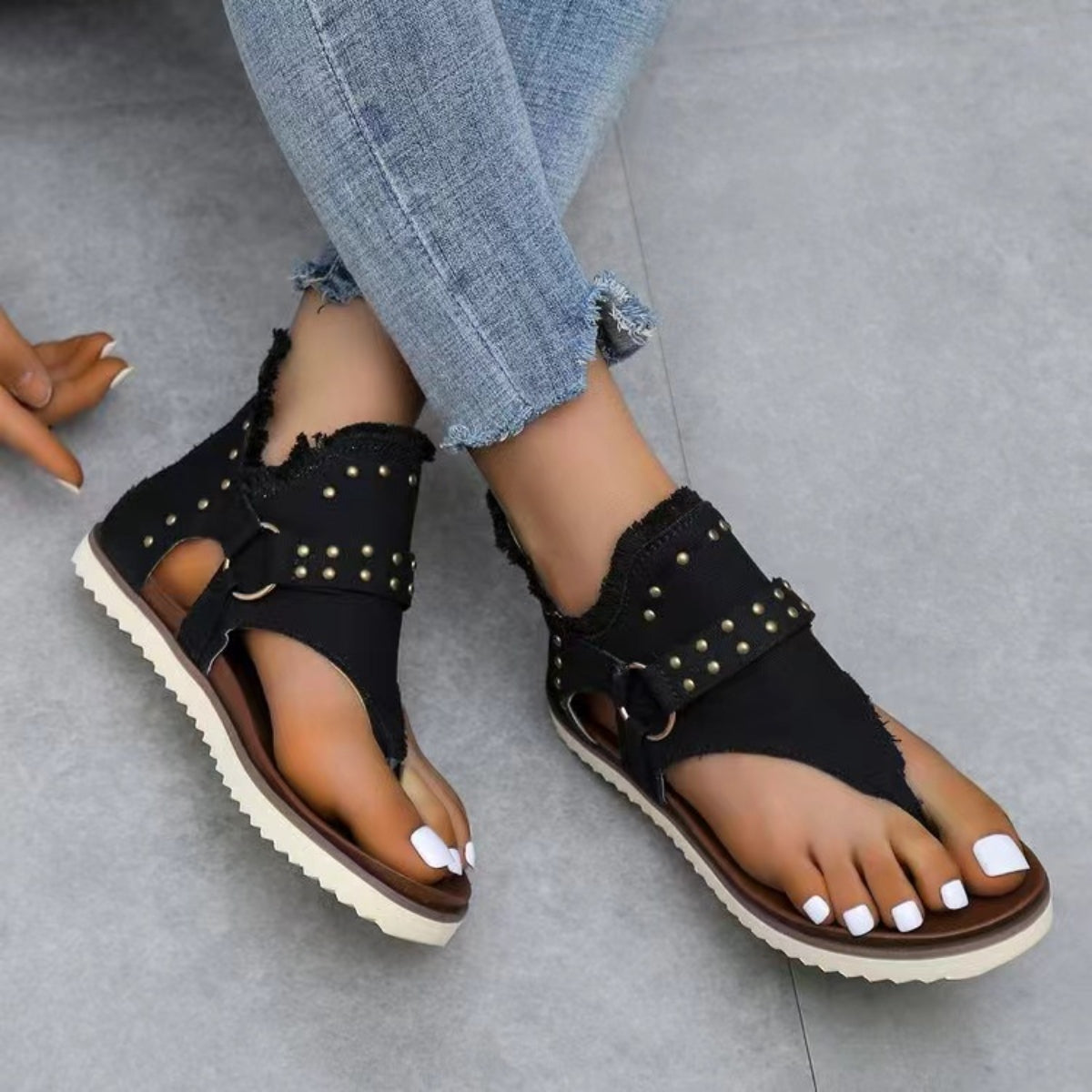 Zephariel Studded Raw Hem Flat Sandals