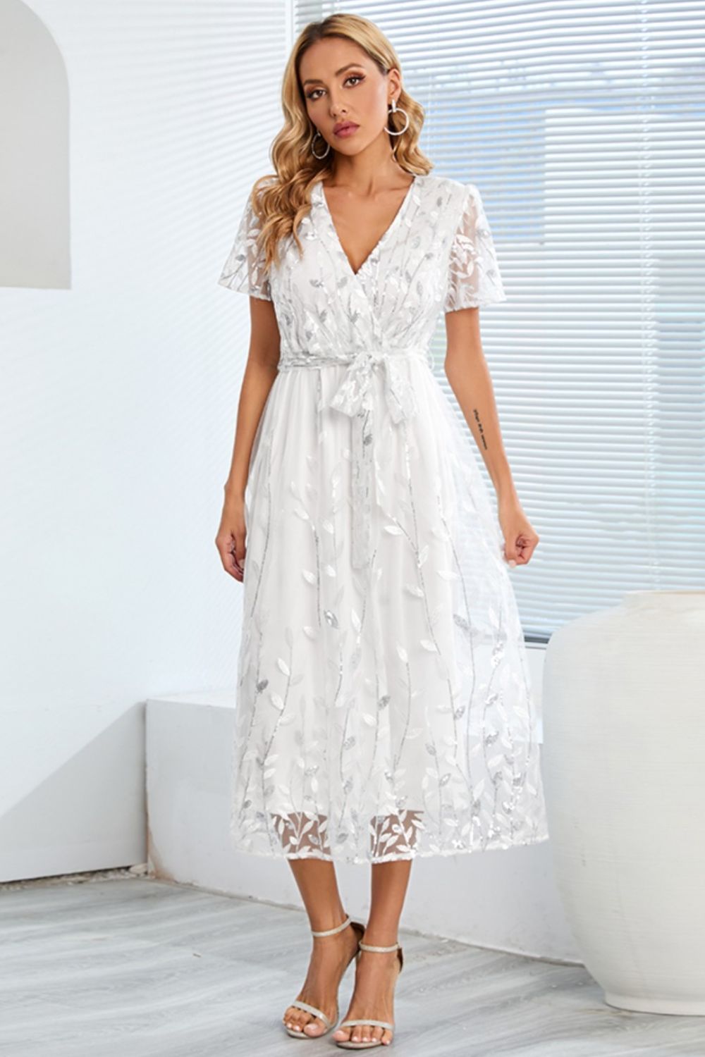 Zephariel Sequin Leaf Embroidery Tie Front Short Sleeve Dress