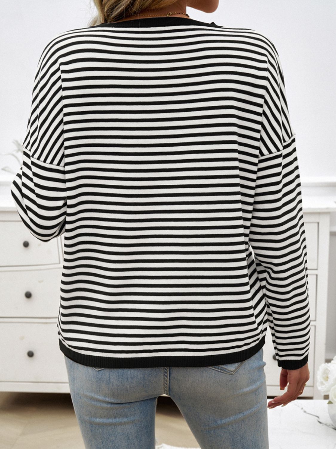 Zephariel Striped Round Neck Dropped Shoulder Sweater