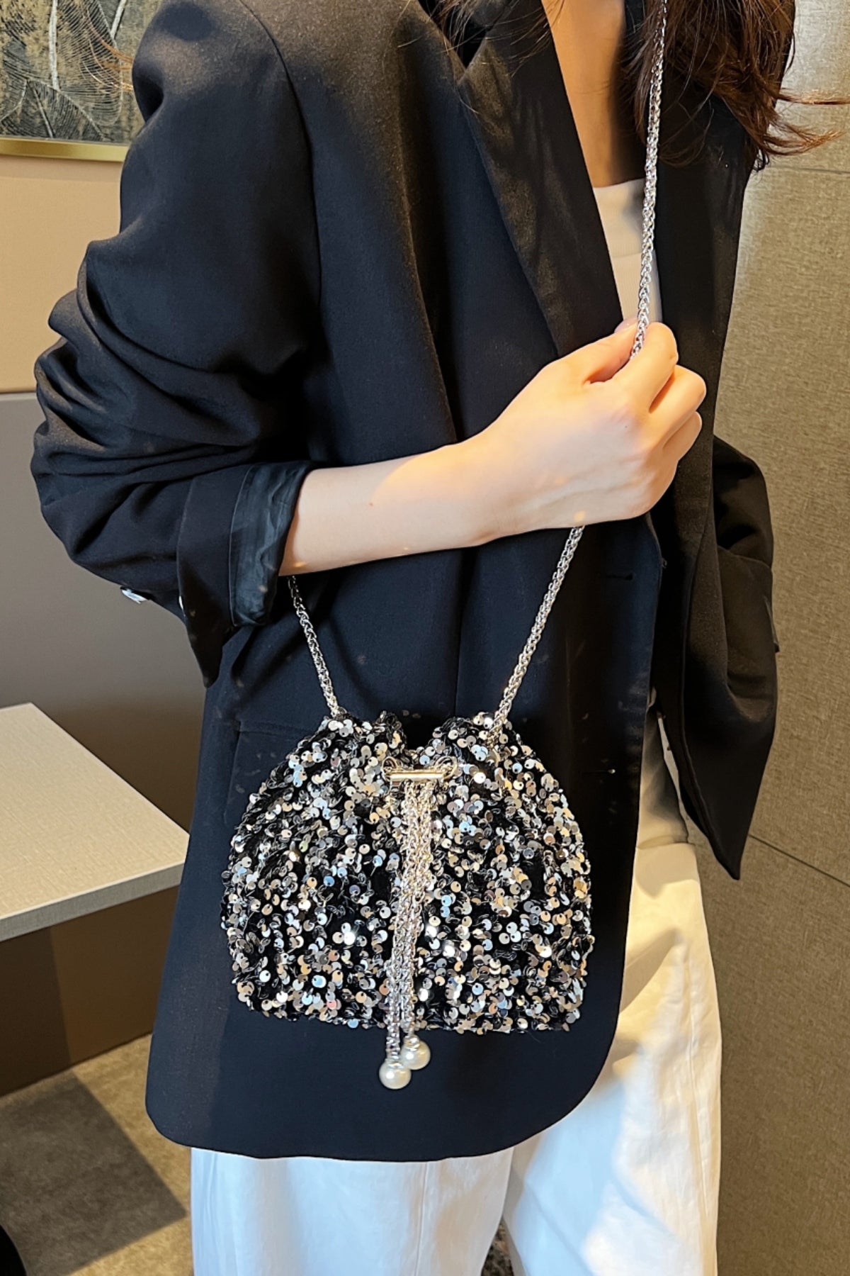 Zephariel Sequin Chain Drawstring Bucket Bag