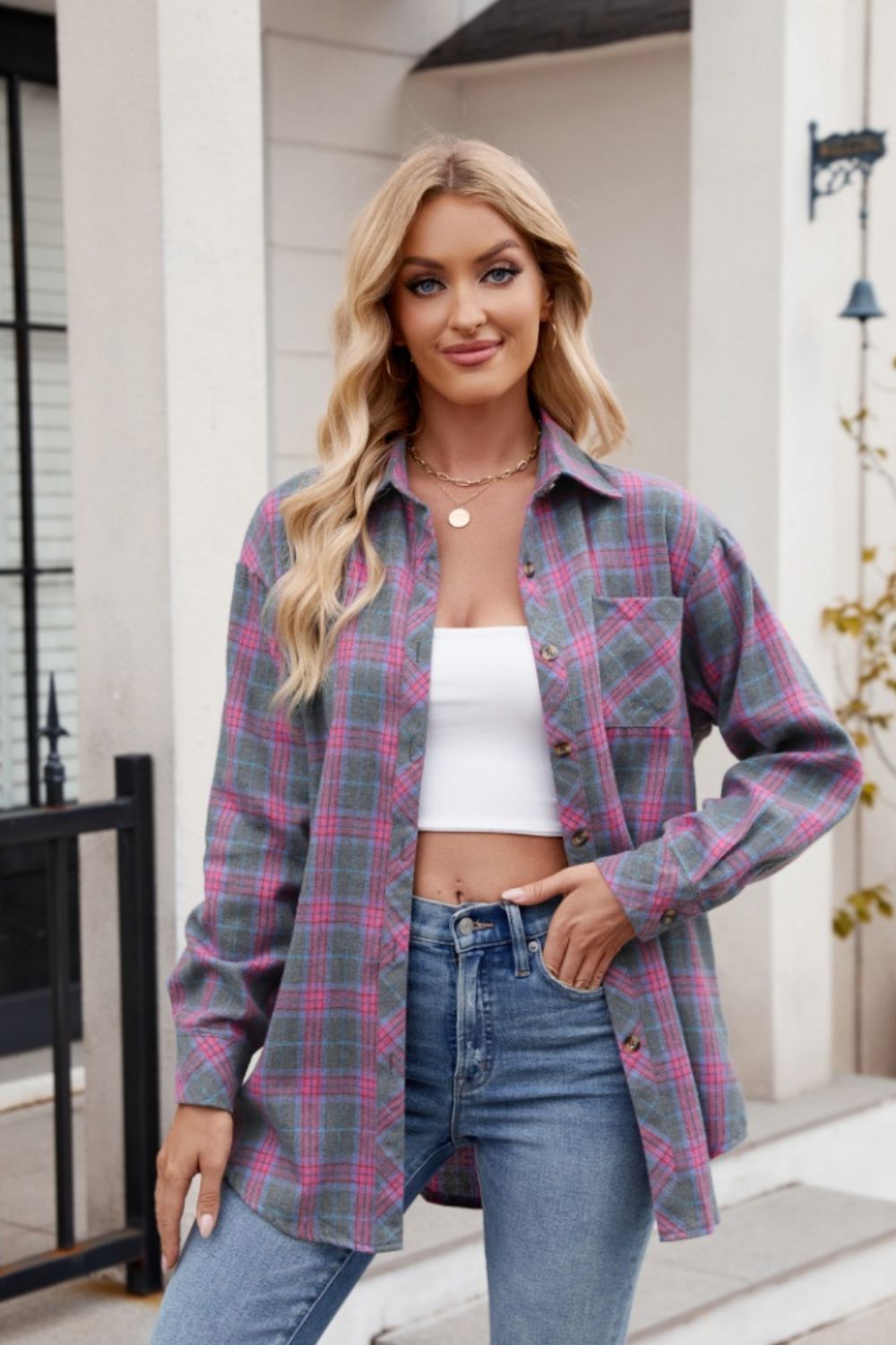 Zephariel Mandy Pocketed Plaid Collared Neck Long Sleeve Shirt