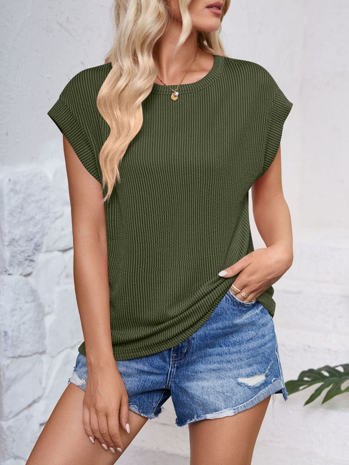 Zephariel Textured Round Neck Cap Sleeve Blouse