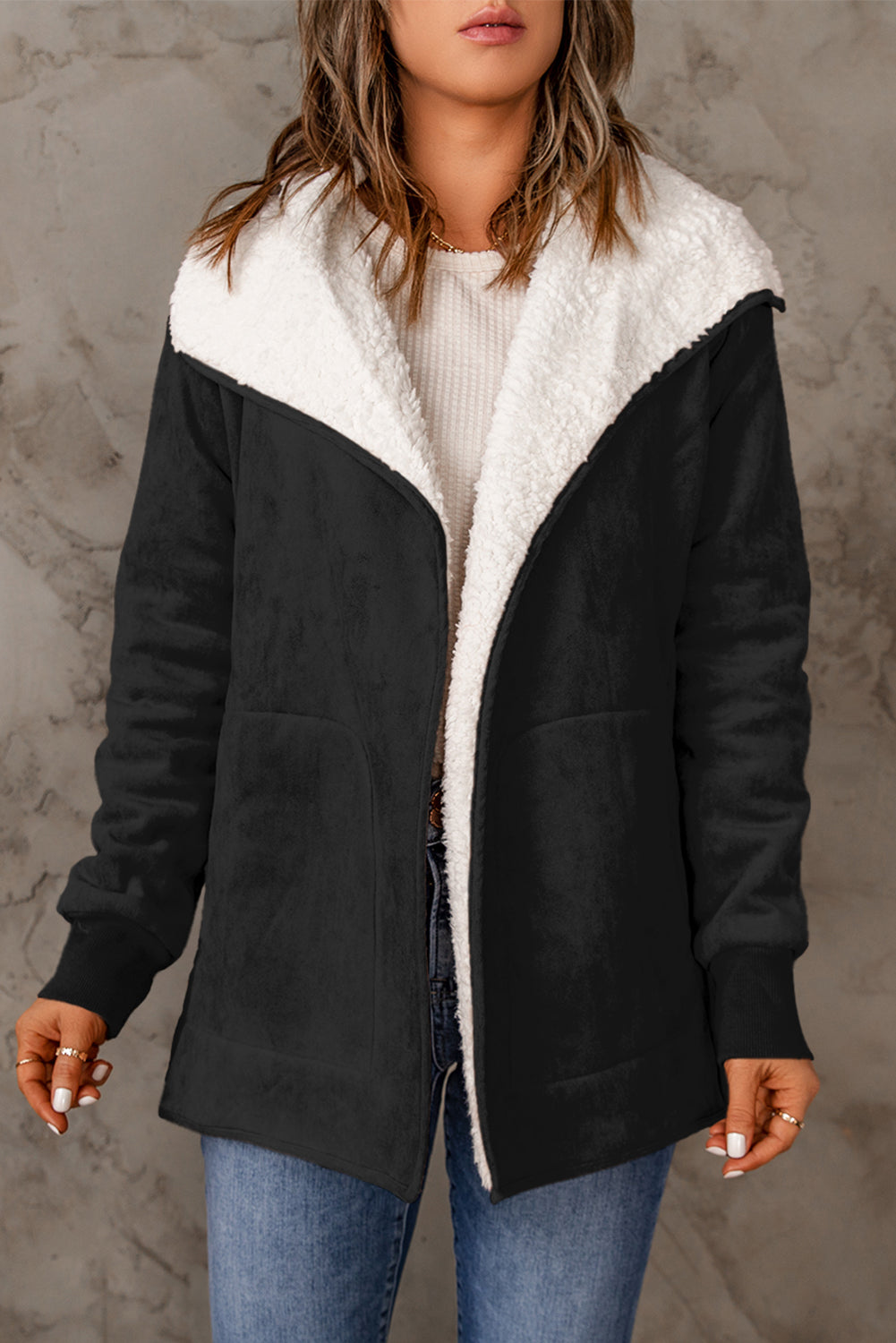 Zephariel Open Front Long Sleeve Sherpa Jacket