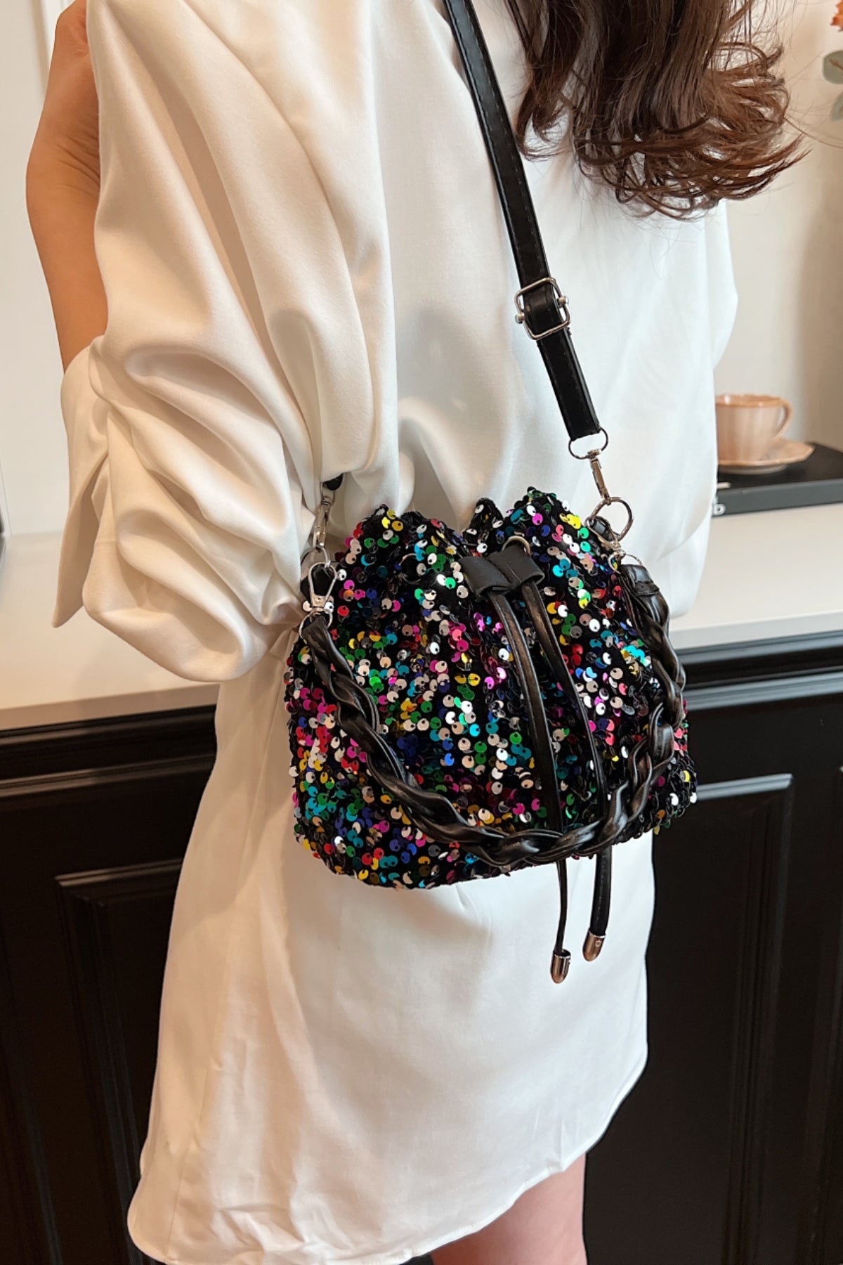 Zephariel Sequin Drawstring Bucket Bag