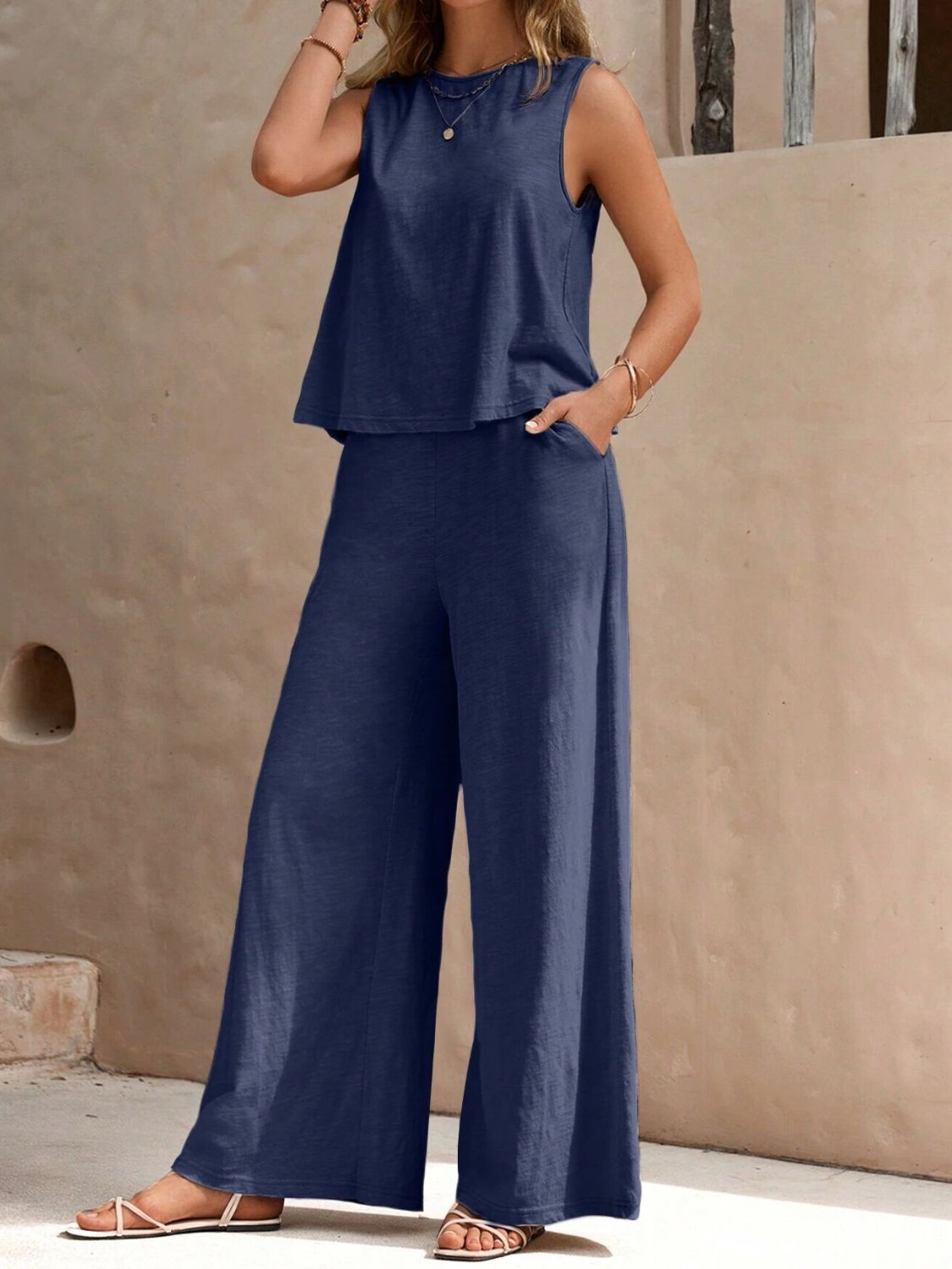 Zephariel Round Neck Sleeveless Top and Wide Leg Pants Set