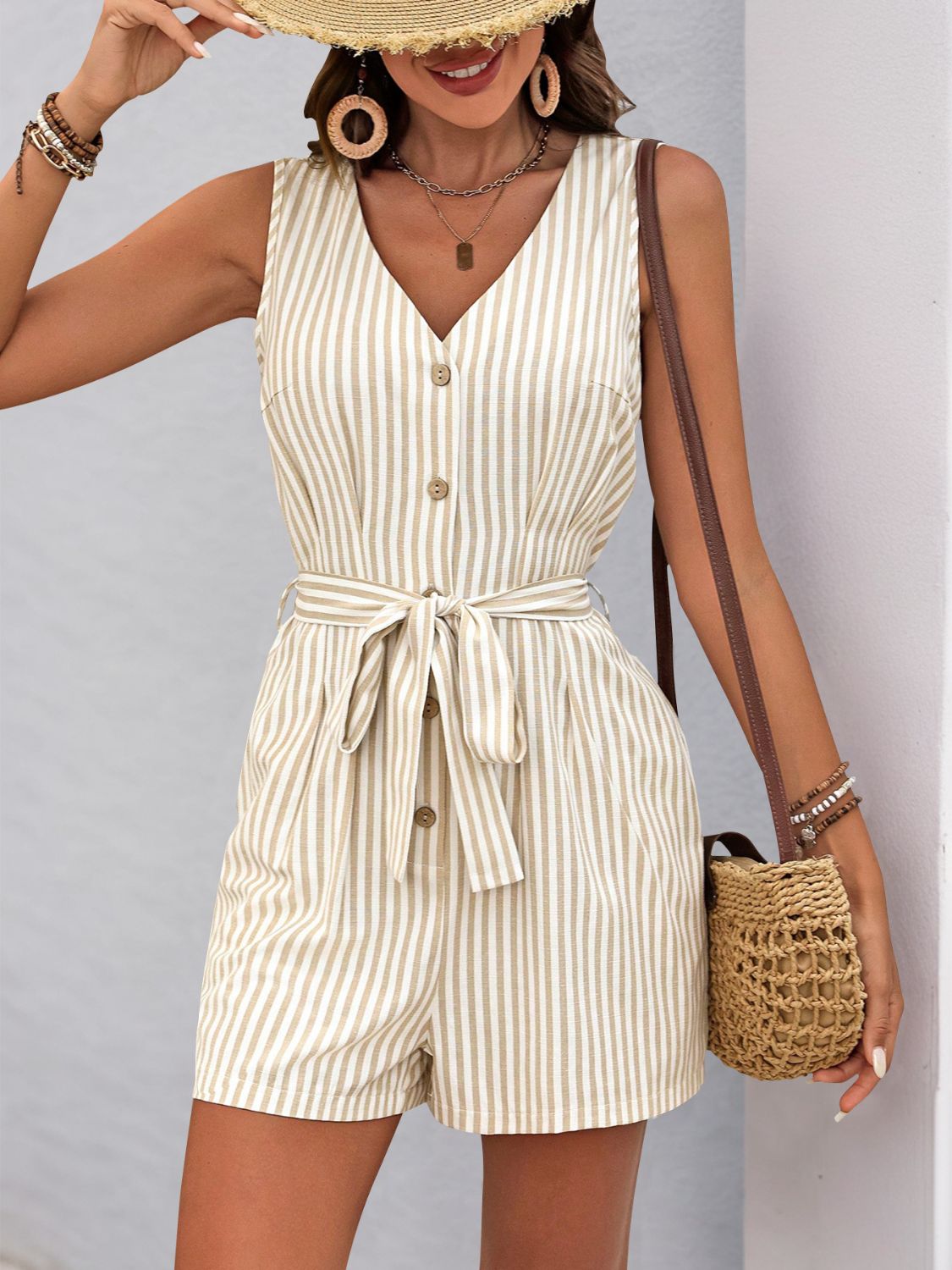 Zephariel Striped V-Neck Tie Waist Romper