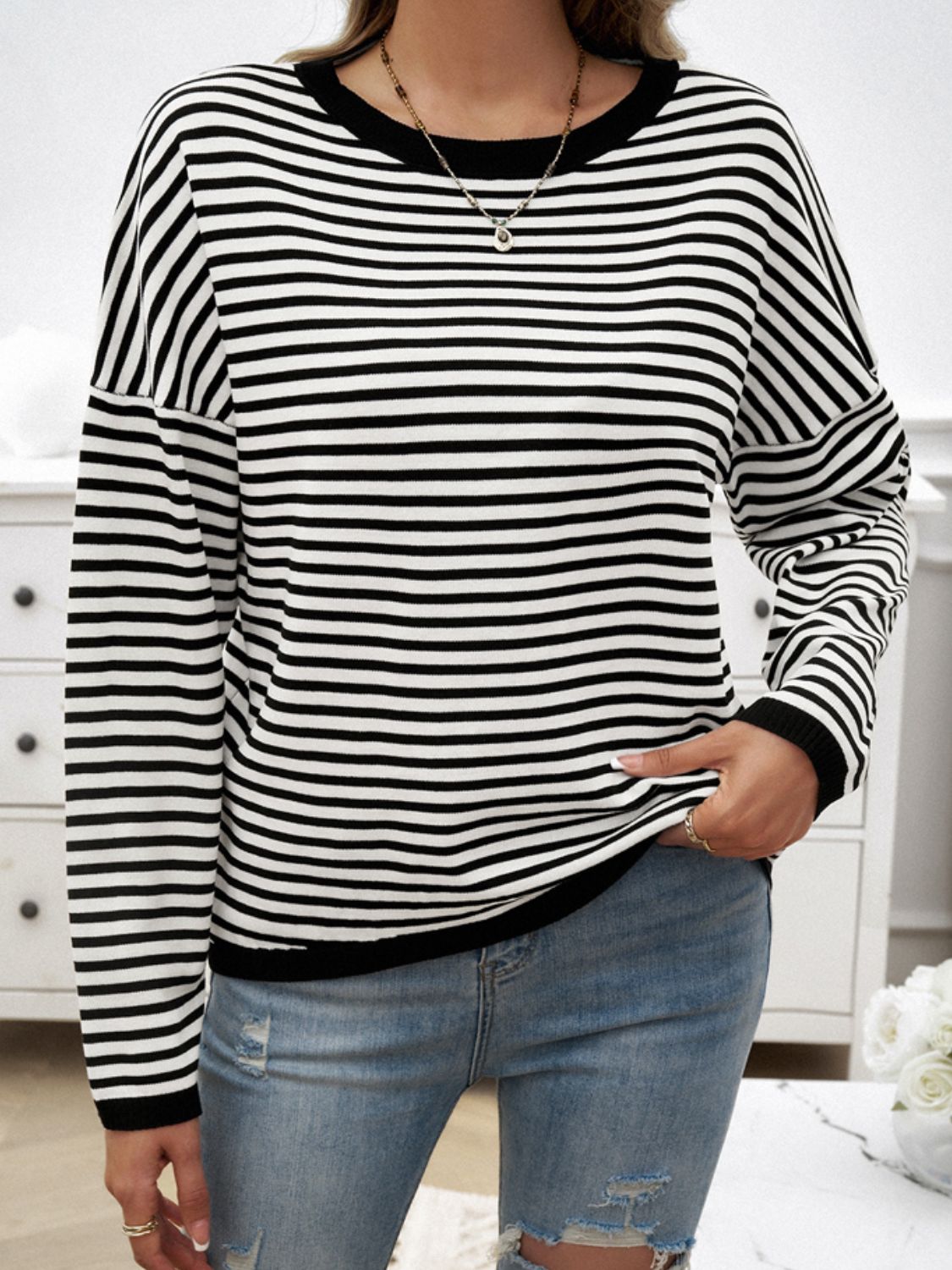 Zephariel Striped Round Neck Dropped Shoulder Sweater