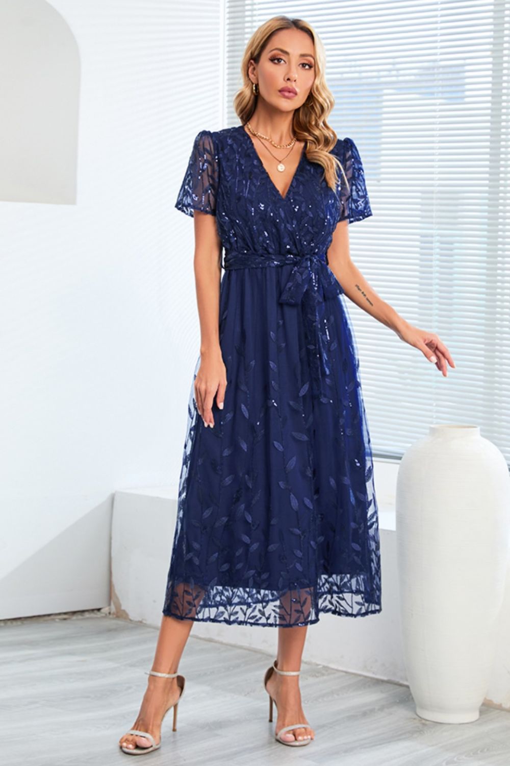 Zephariel Sequin Leaf Embroidery Tie Front Short Sleeve Dress