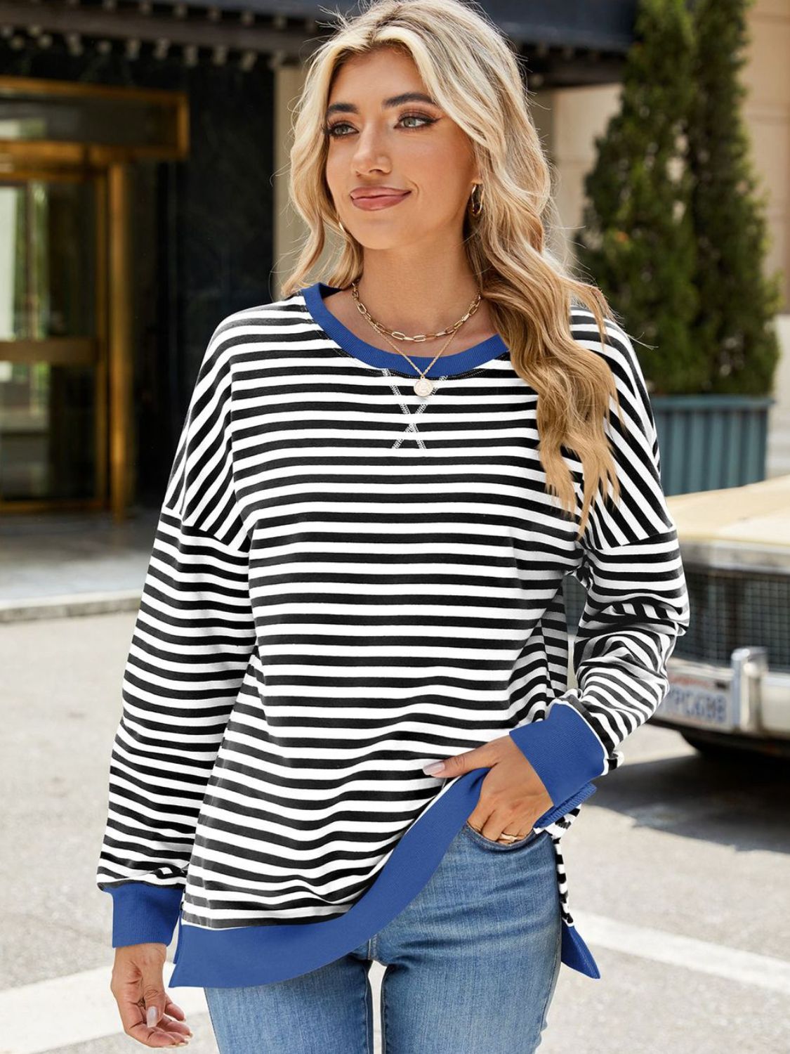 Zephariel Slit Striped Round Neck Long Sleeve Sweatshirt