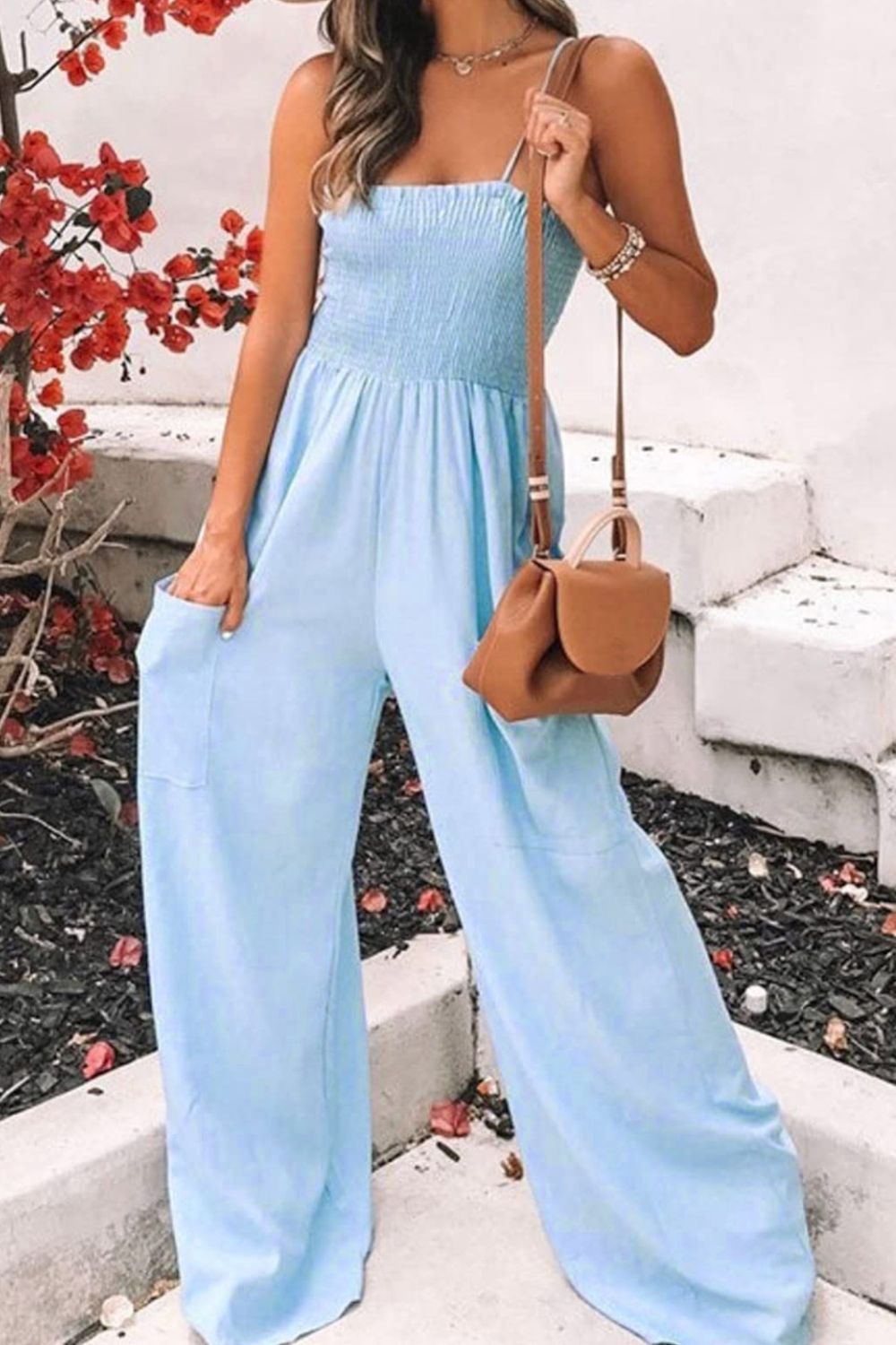 Zephariel Smocked Spaghetti Strap Wide Leg Jumpsuit