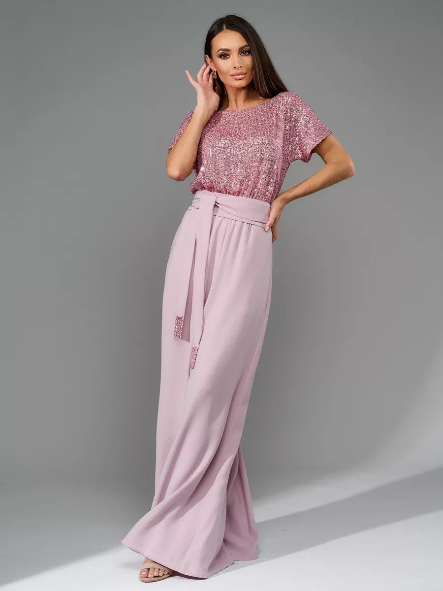 Zephariel Sequin Round Neck Short Sleeve Wide Leg Jumpsuit