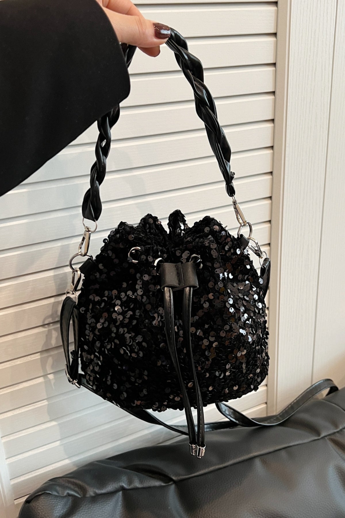 Zephariel Sequin Drawstring Bucket Bag