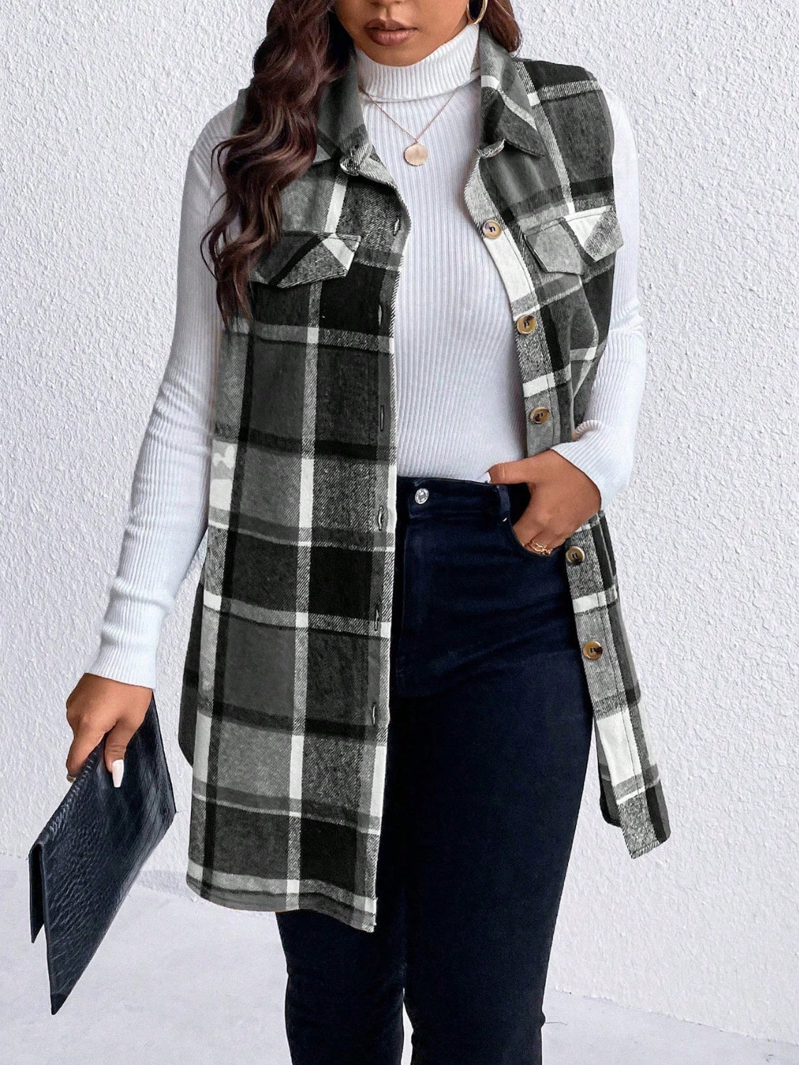 Zephariel Plus Size Pocketed Plaid Button Up Vest Coat