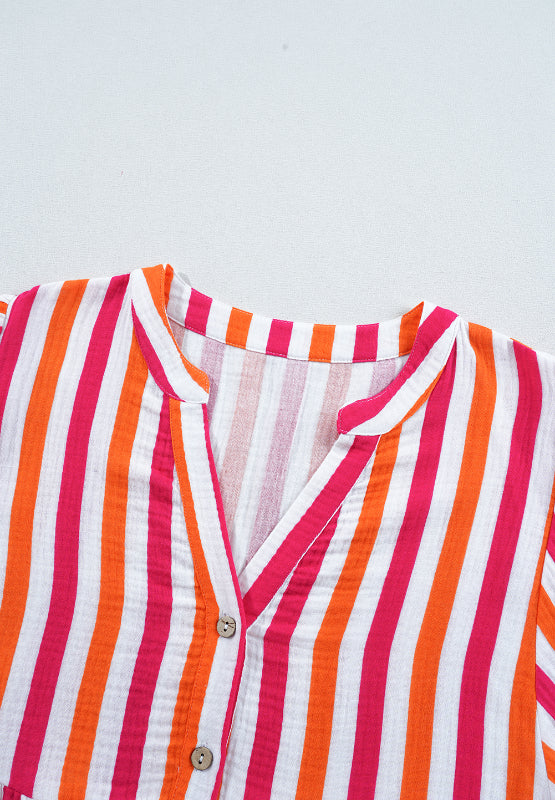 Zephariel Striped Notched Flounce Sleeve Blouse