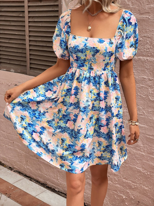 Zephariel Floral Square Neck Puff Sleeve Dress