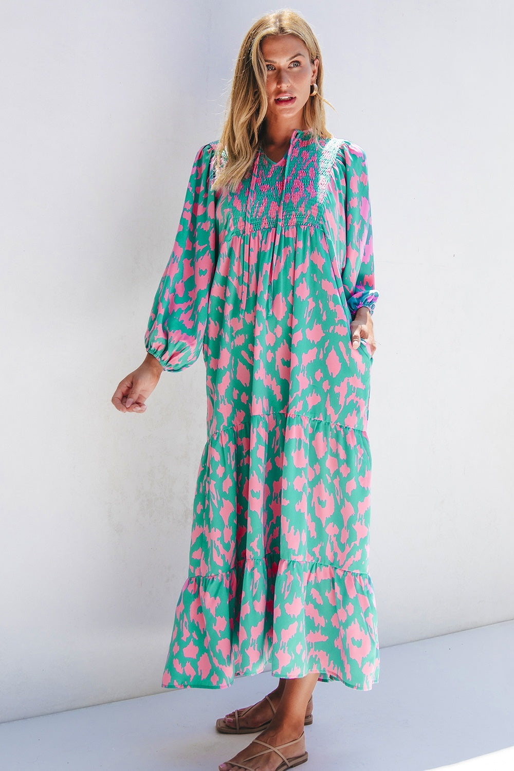 Zephariel Smocked Printed Tie Neck Long Sleeve Dress