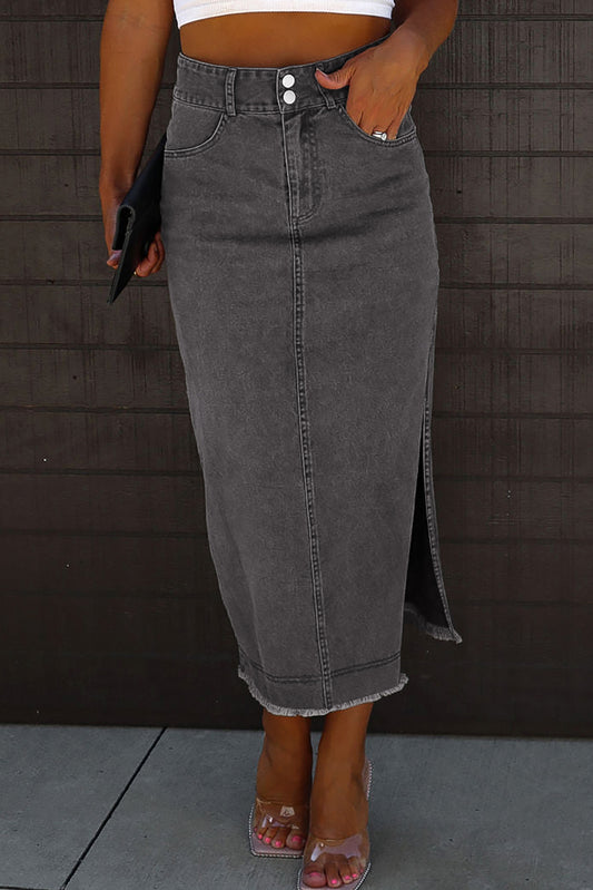 Zephariel Raw Hem Slit Pocketed Midi Denim Skirt