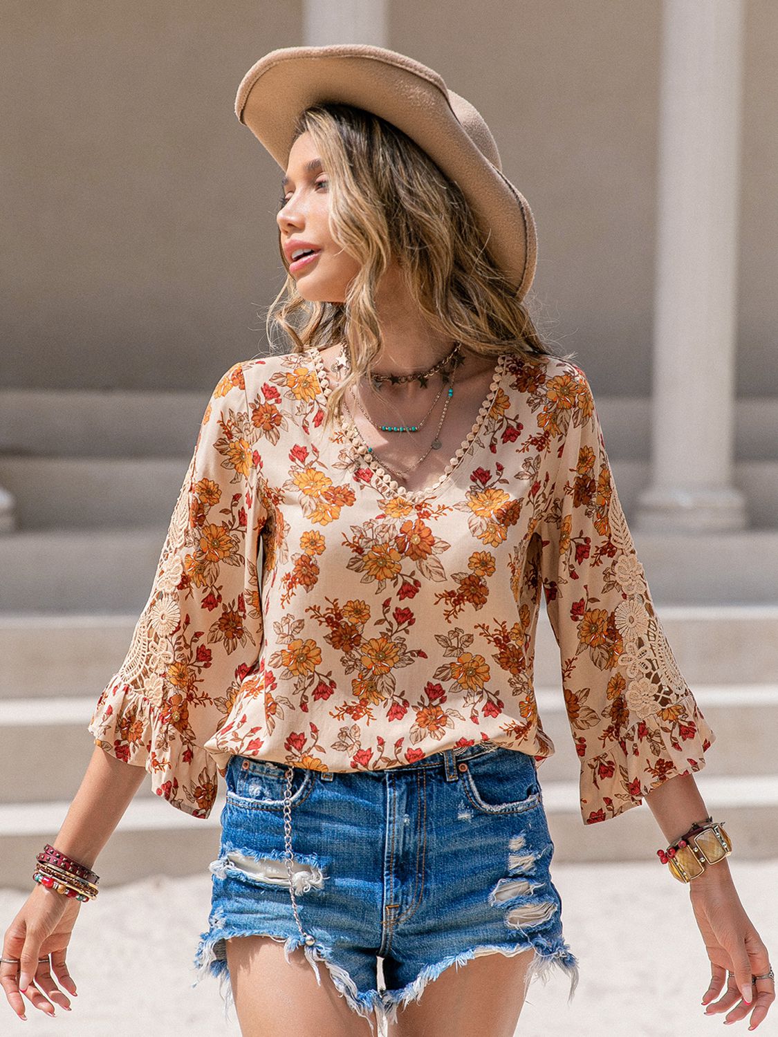 Zephariel Floral V-Neck Spliced Lace Blouse