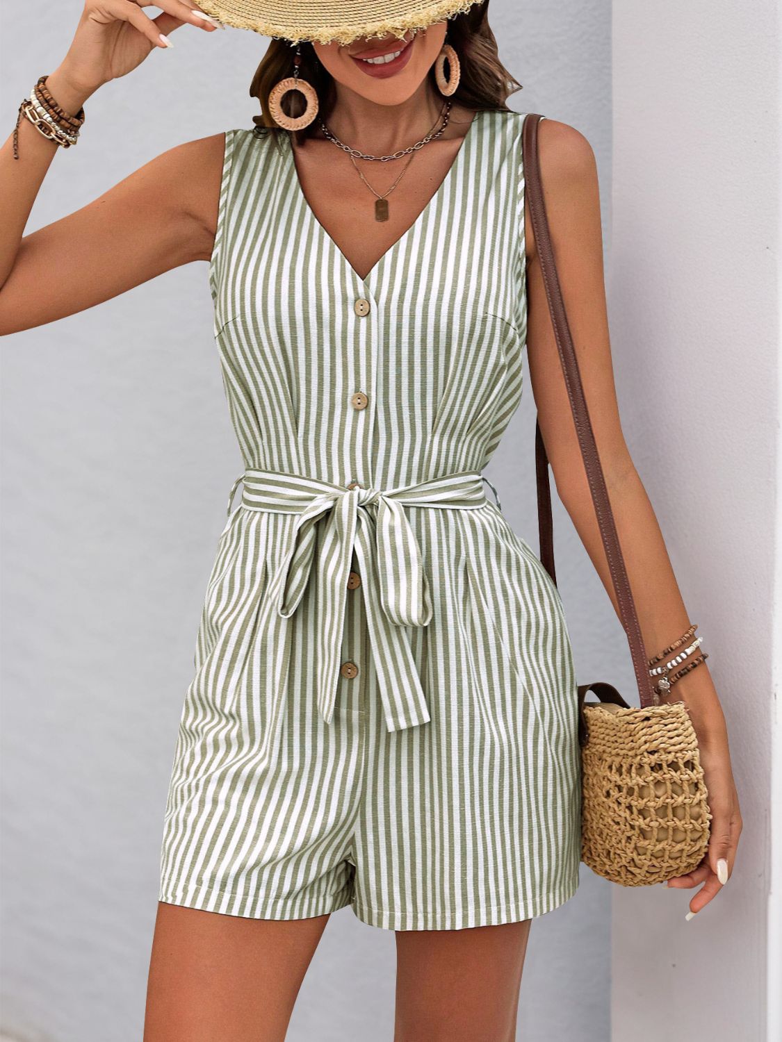 Zephariel Striped V-Neck Tie Waist Romper