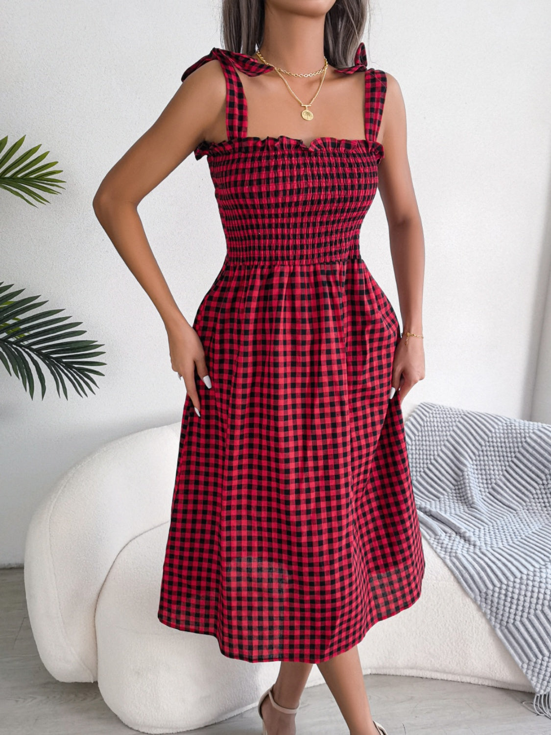 Zephariel Frill Plaid Square Neck Midi Dress