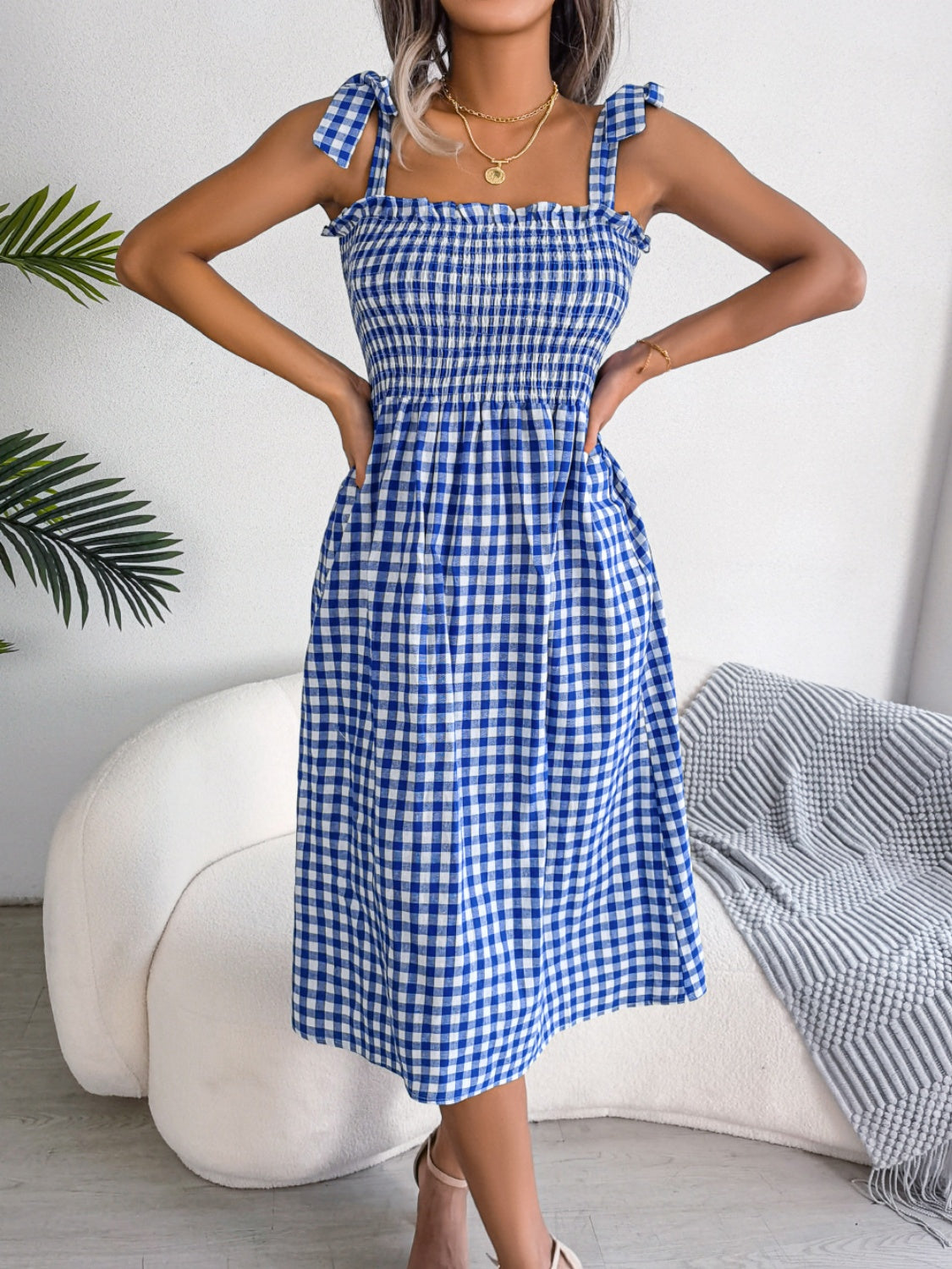 Zephariel Frill Plaid Square Neck Midi Dress